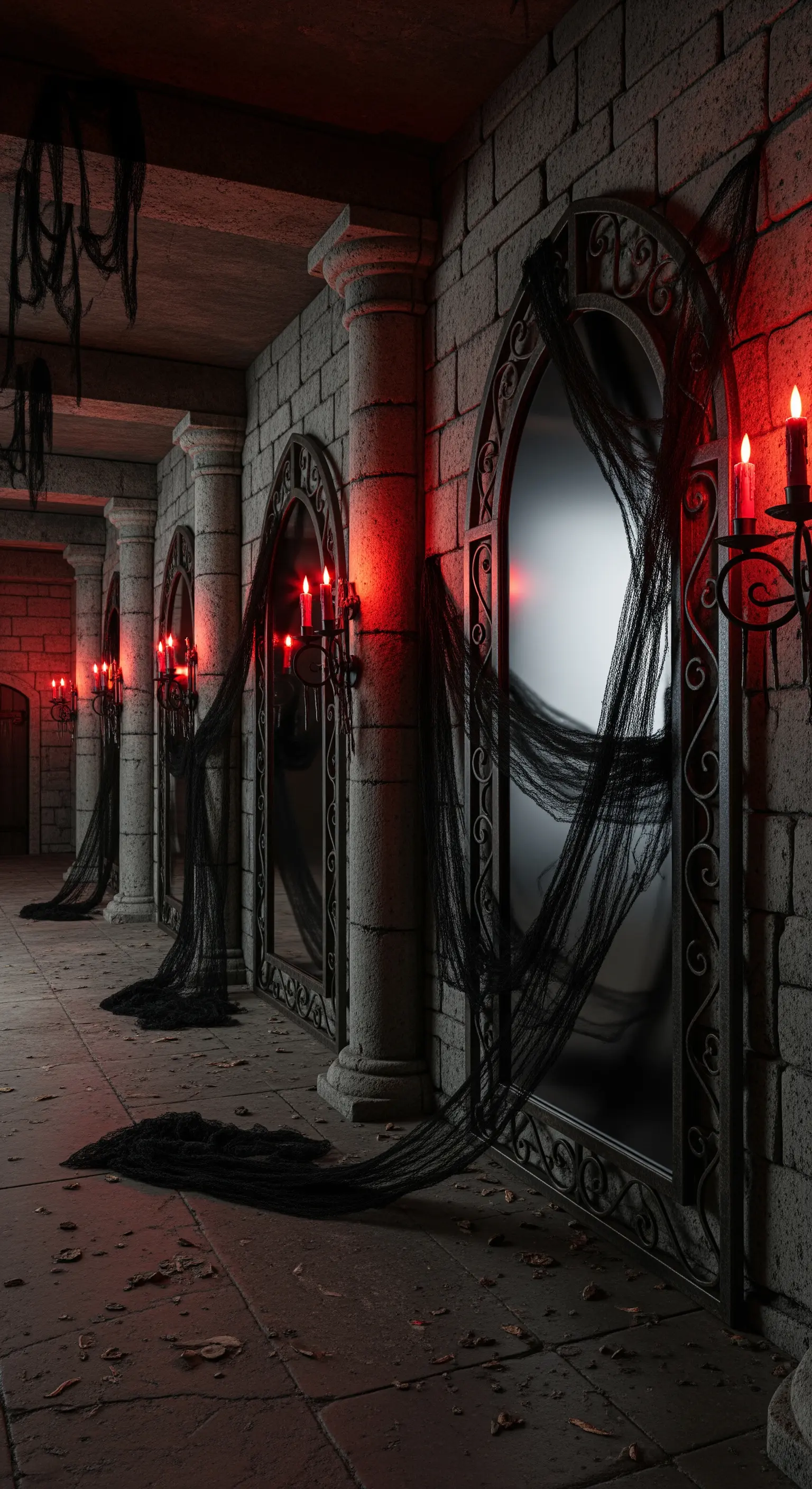 Corridoio in pietra con specchi ad arco, drappi neri e candele rosse.