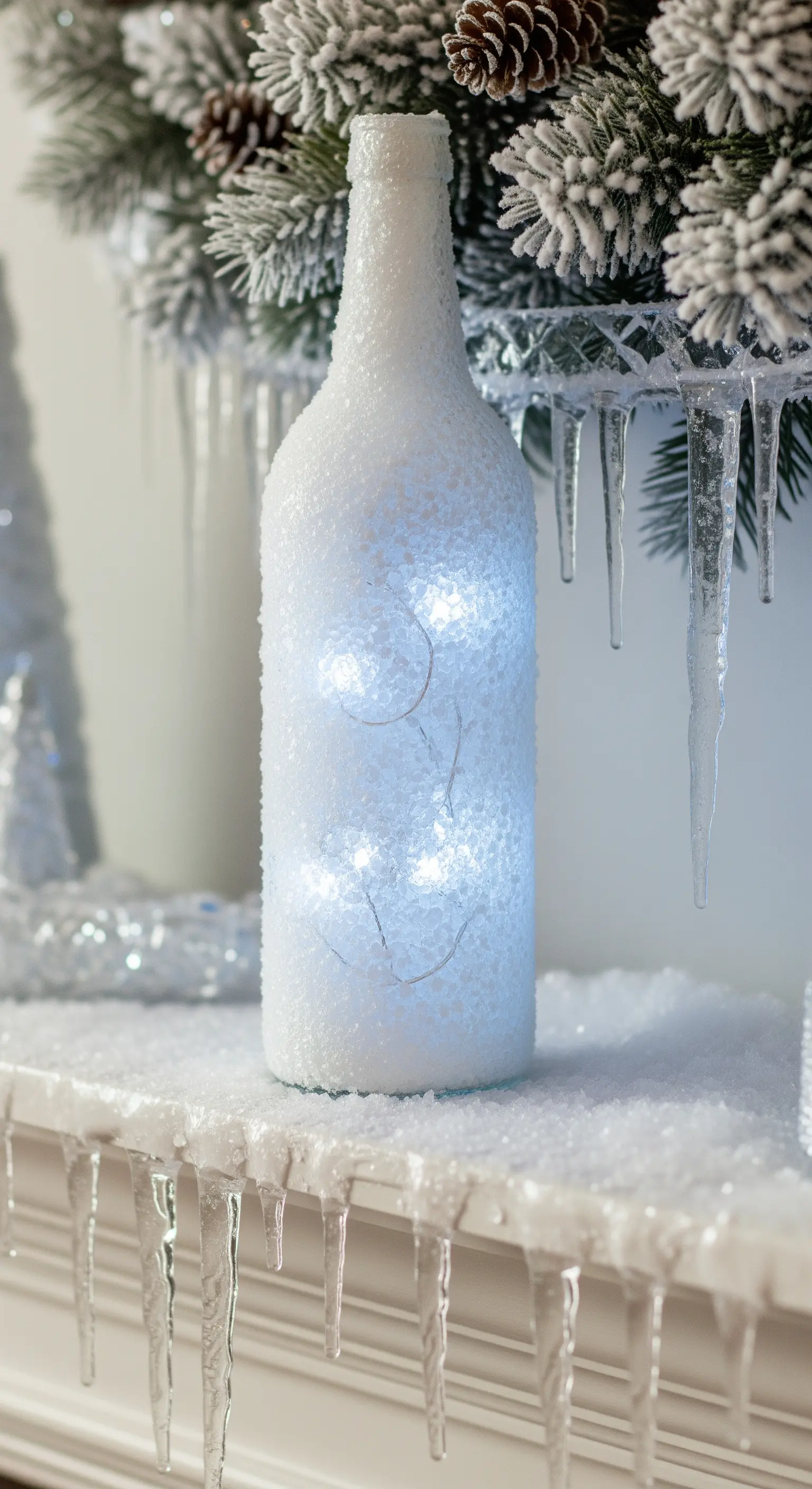 Bottiglia di vetro ricoperta da una texture bianca e granulosa che simula la neve.