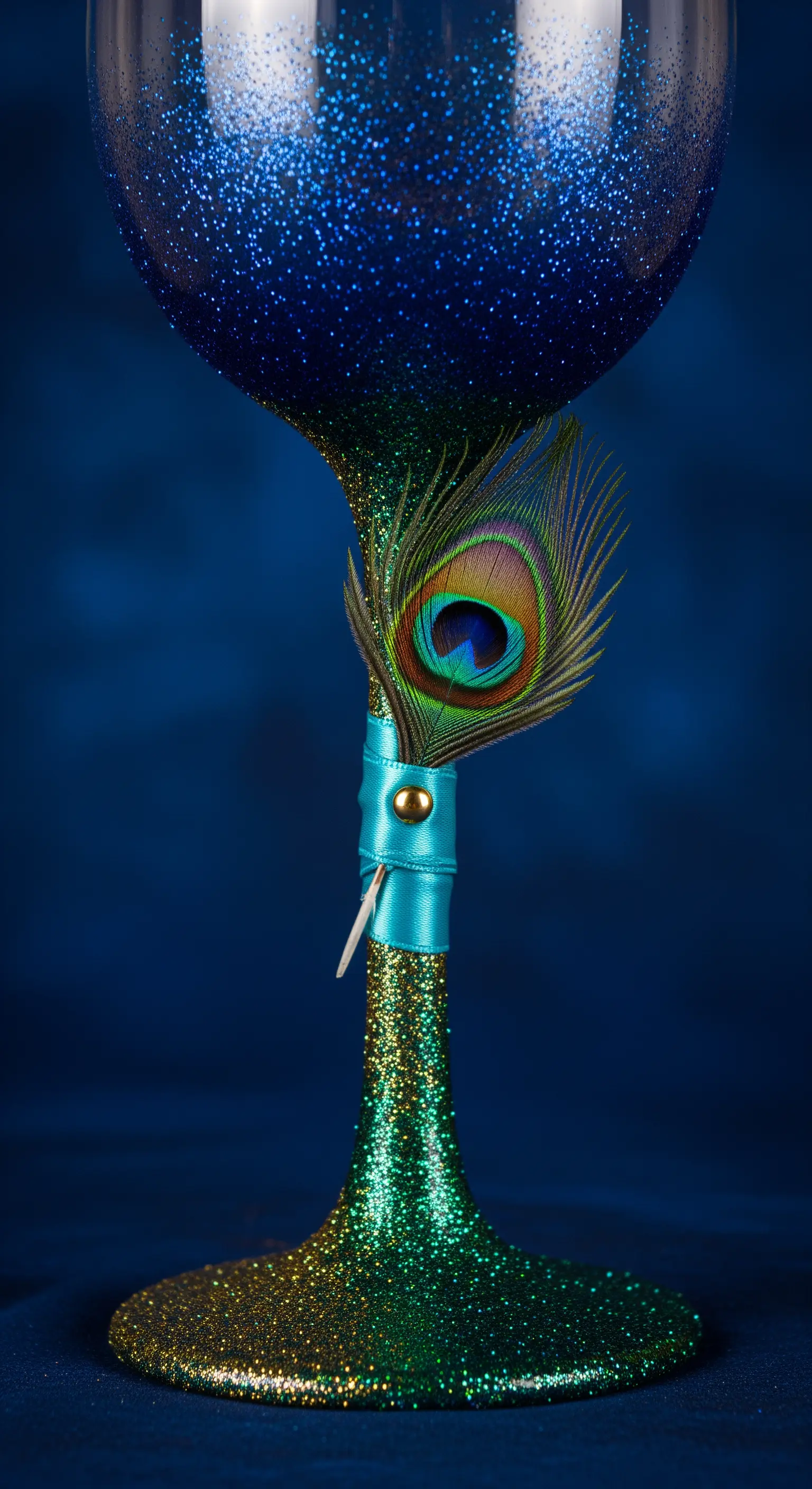 Calice decorato con glitter sfumato nei colori del pavone e una vera piuma.