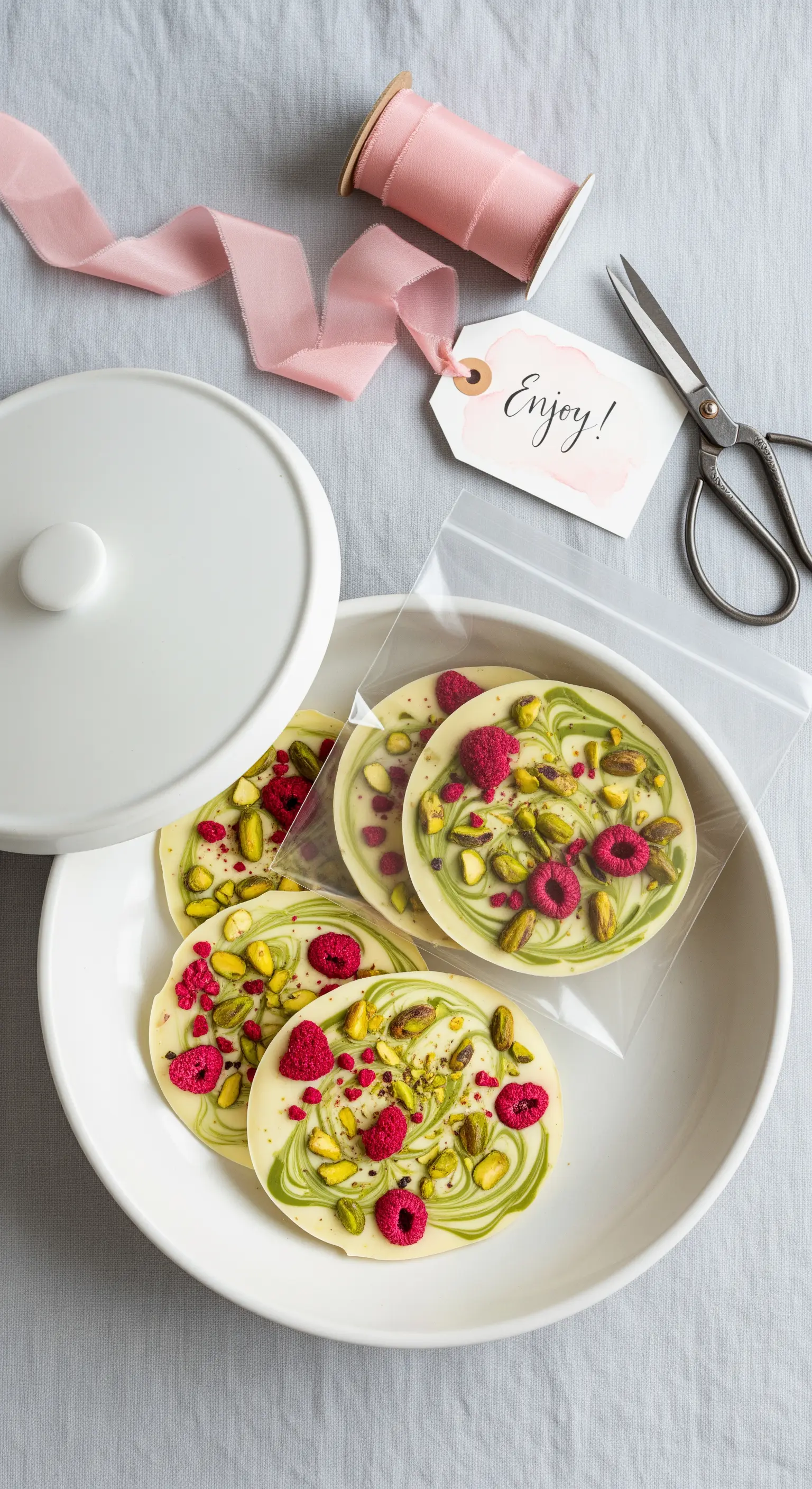 Medaglioni di cioccolato bianco con lamponi e pistacchi, confezionati con un nastro rosa.