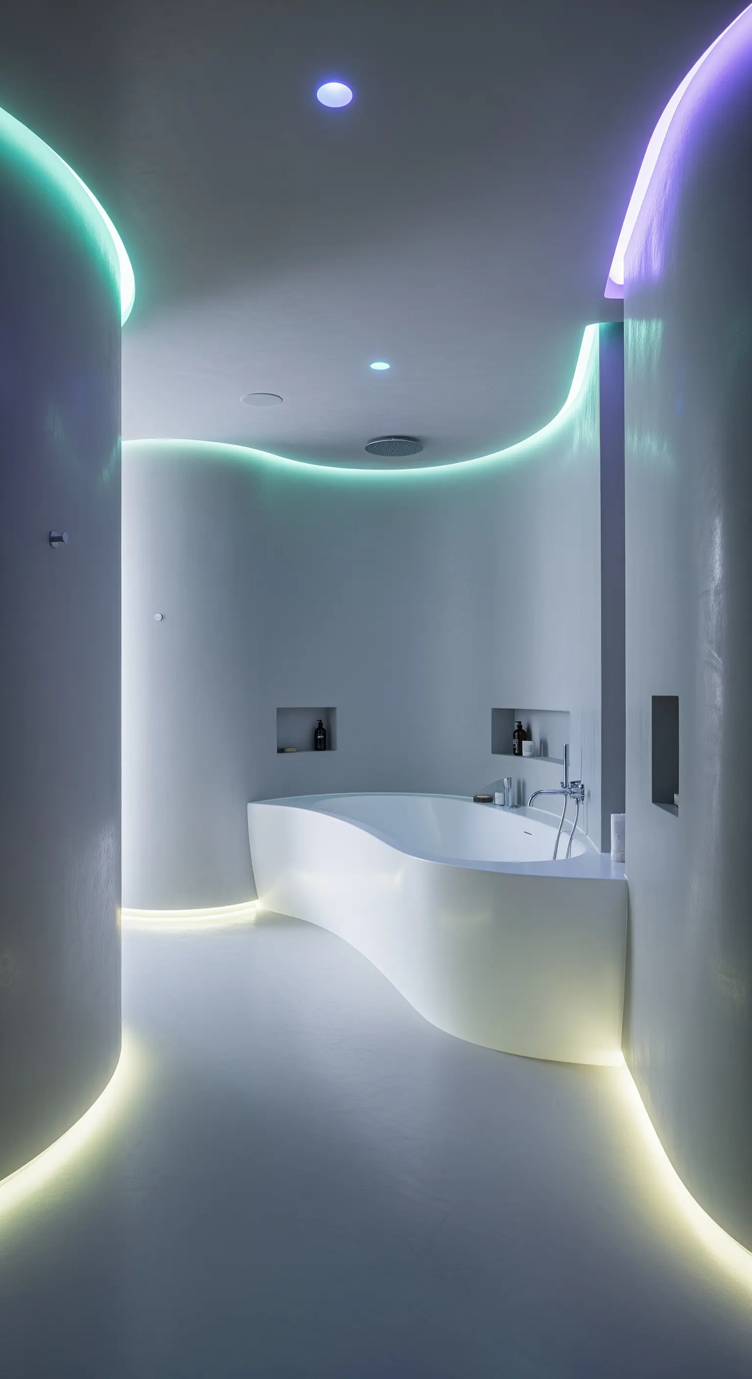 Bagno futuristico con pareti curve, vasca integrata e illuminazione LED colorata.