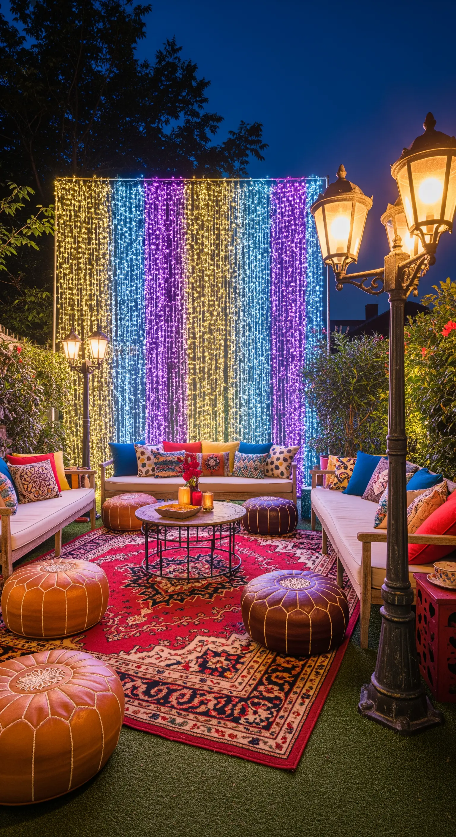 Patio in stile marocchino con divani, pouf, un tappeto persiano e una parete di luci colorate.