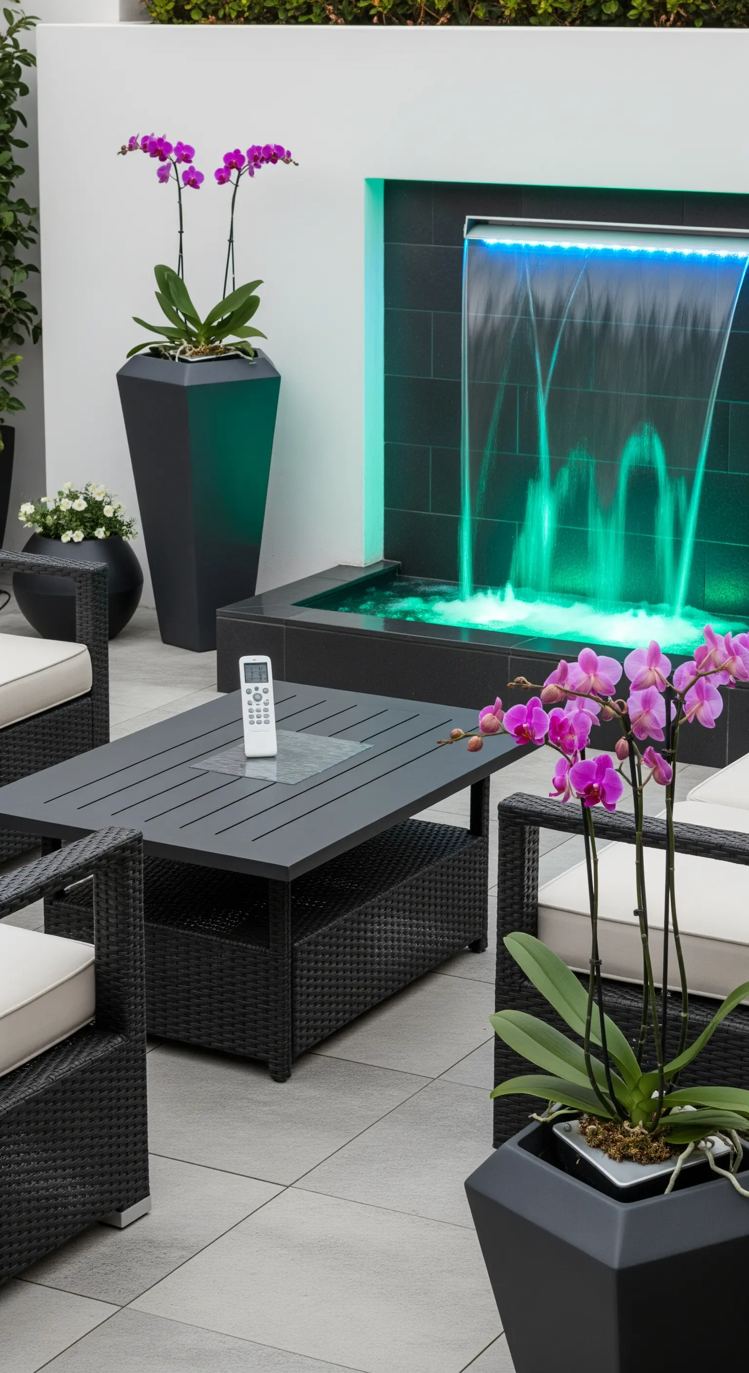 Cascata moderna illuminata con luci LED colorate e controllata da un telecomando.