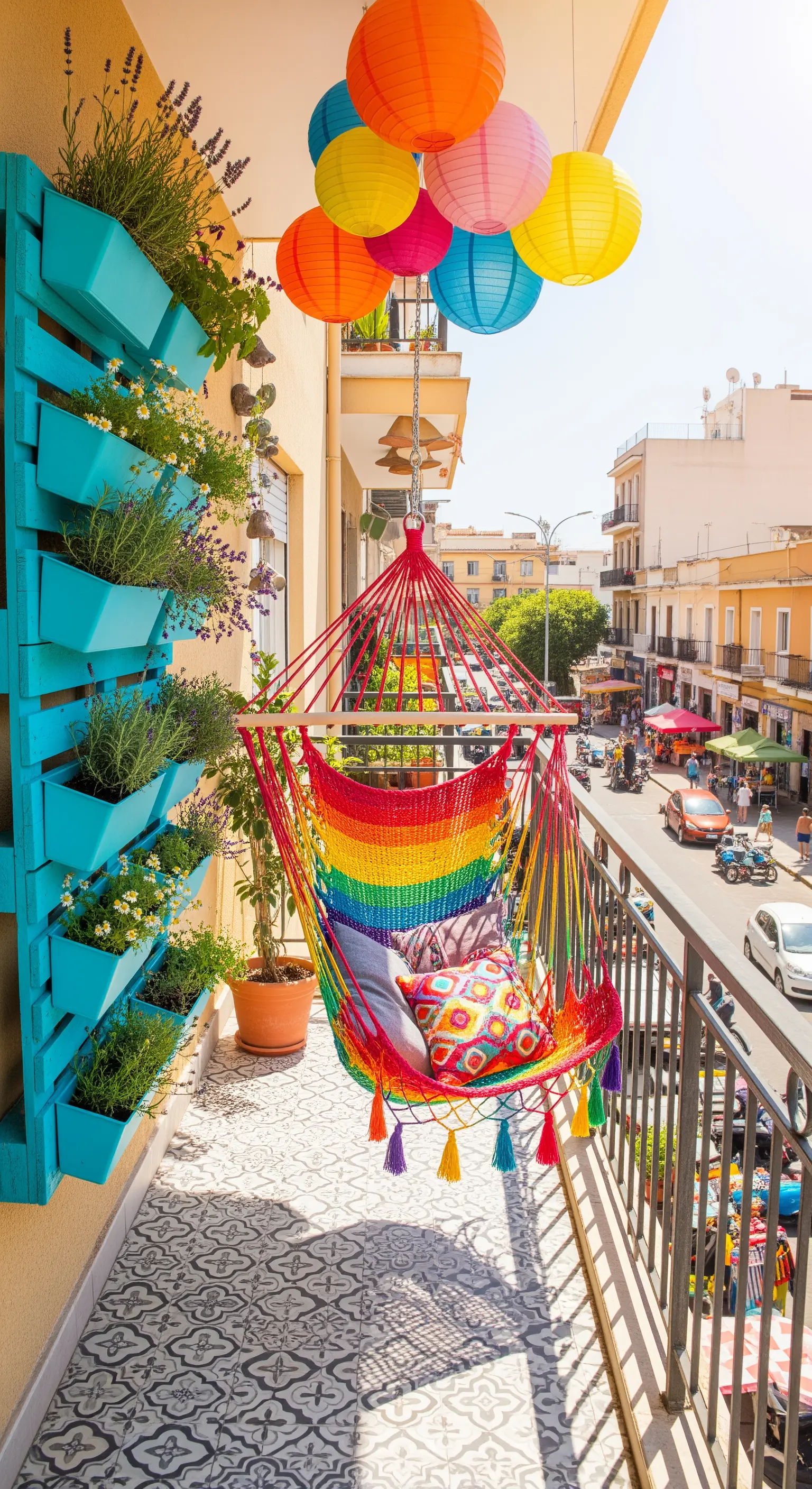 Amaca sospesa arcobaleno su un balcone con fioriera verticale turchese e lanterne colorate.