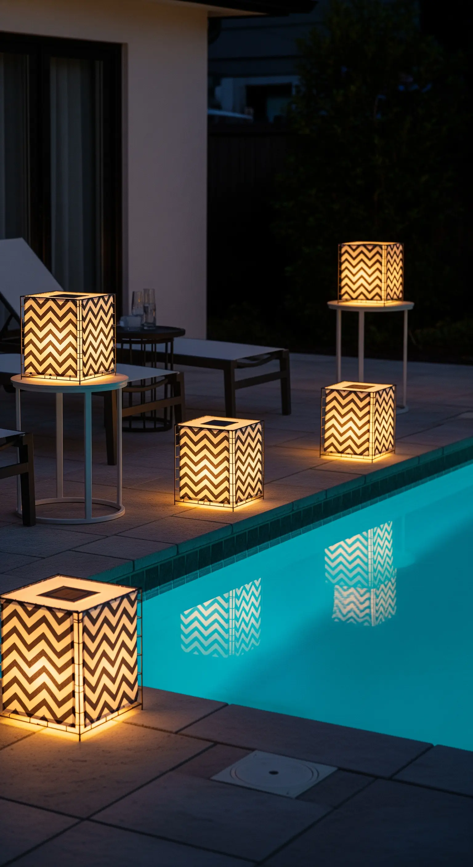Lanterne a cubo con motivo a chevron bianco e nero illuminate a bordo piscina.