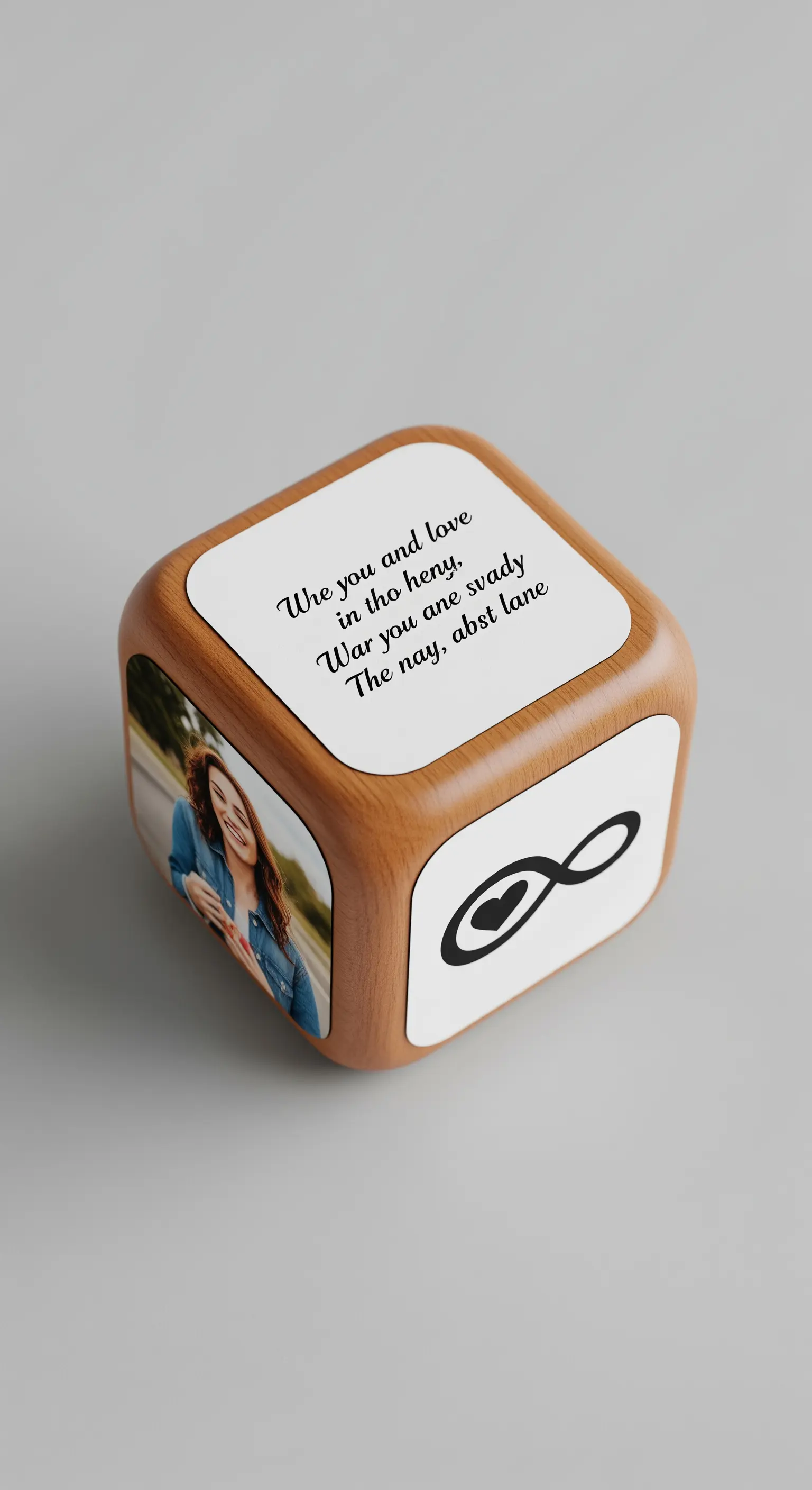 Cubo di legno personalizzato con foto, una citazione d'amore e simboli su ogni faccia.