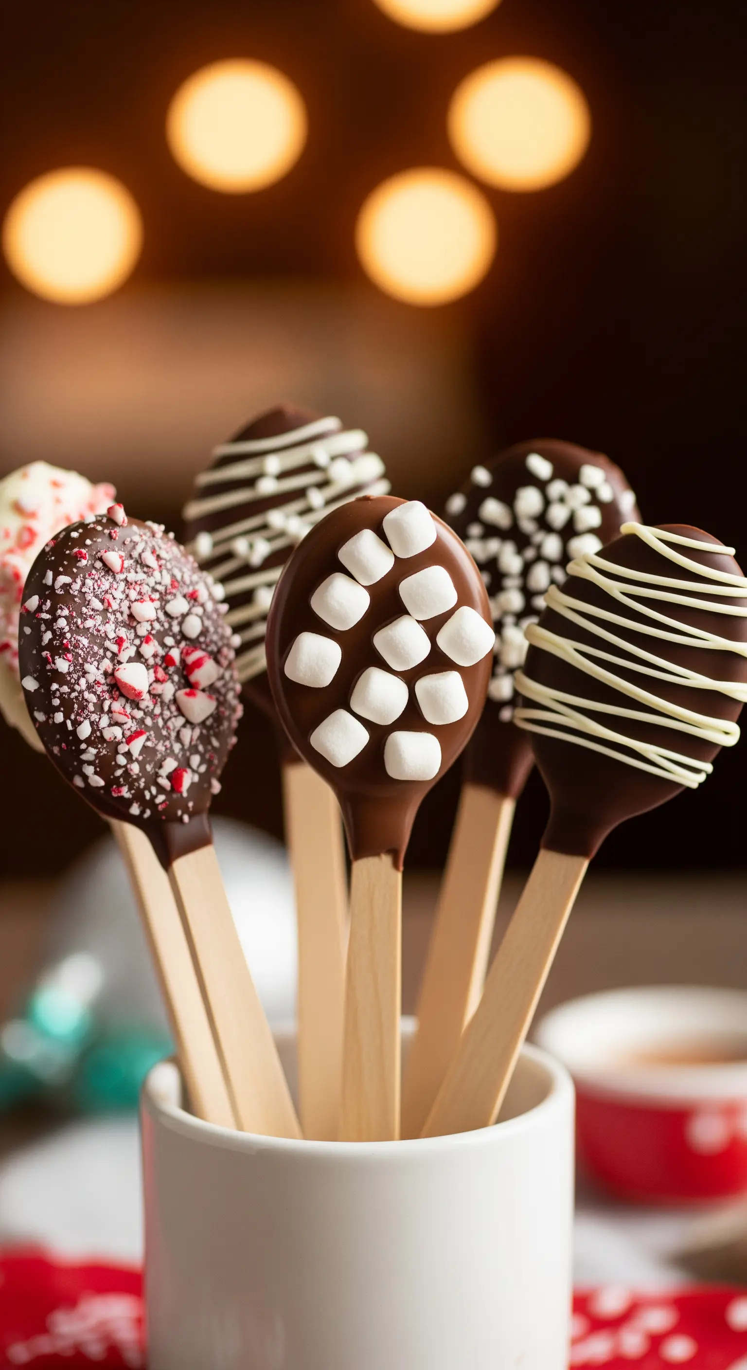 Cucchiai di legno ricoperti di cioccolato e decorati con marshmallow e zuccherini.