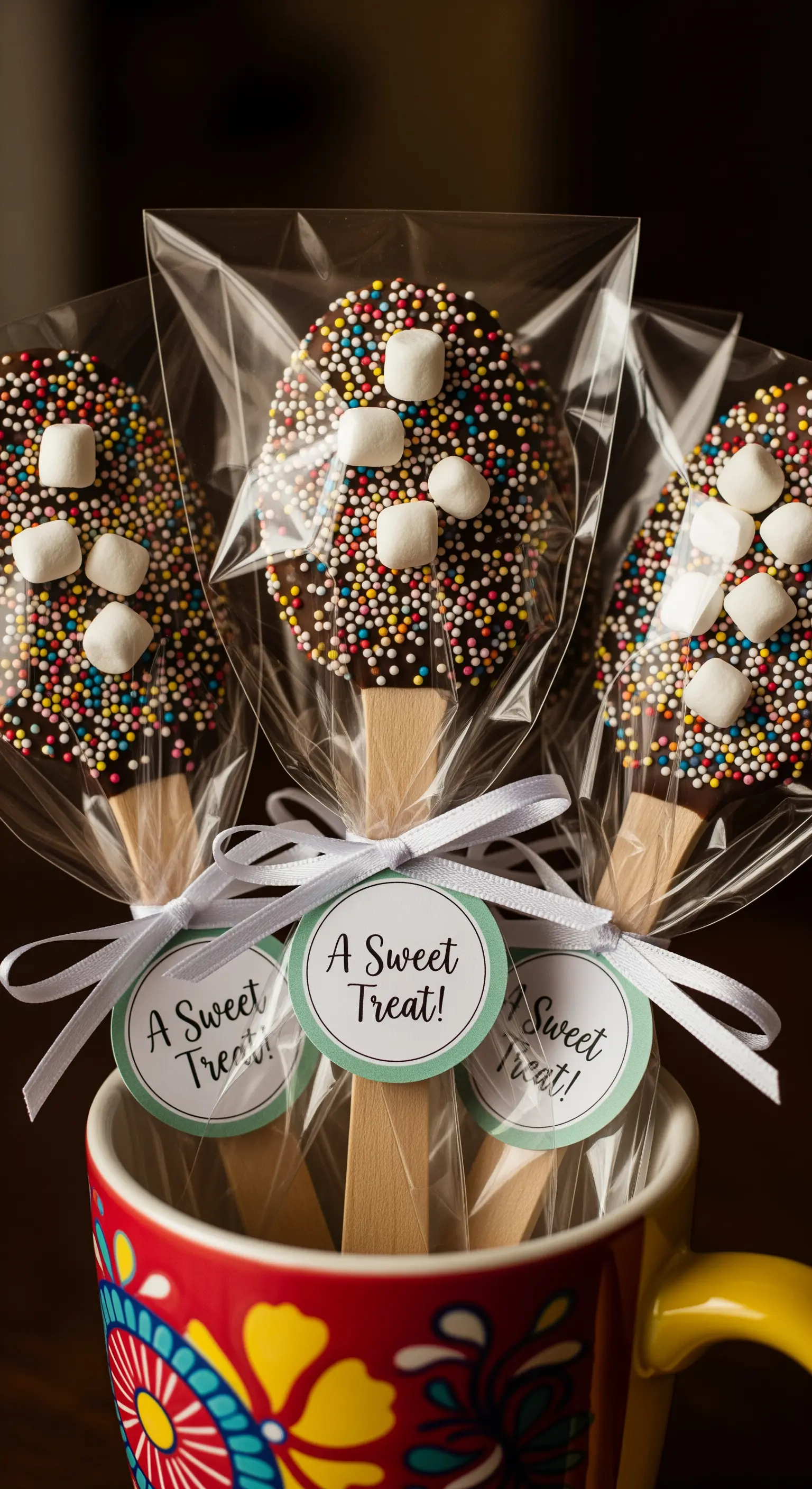 Cucchiaini di cioccolato decorati con zuccherini e marshmallow.