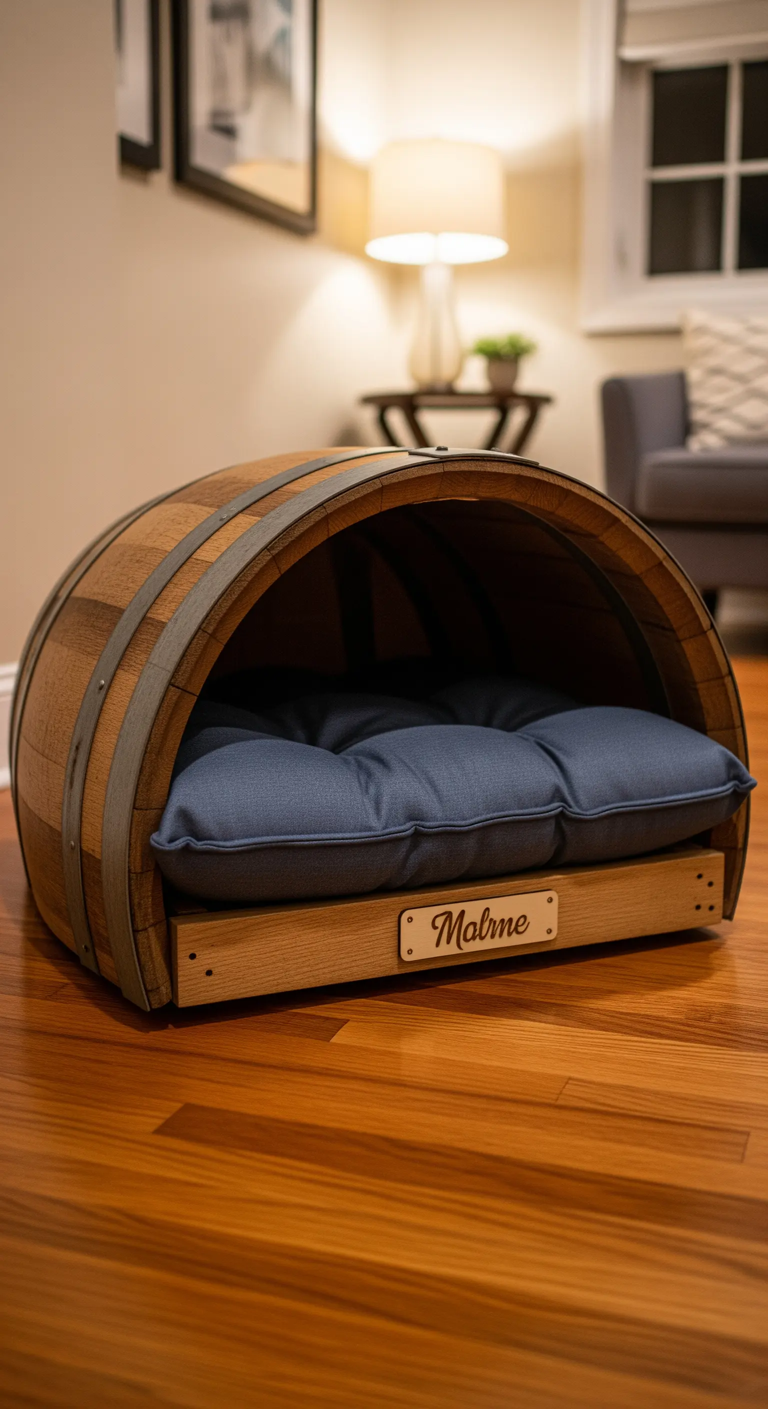 Mezza botte di vino trasformata in una cuccia per cani con un morbido cuscino blu.