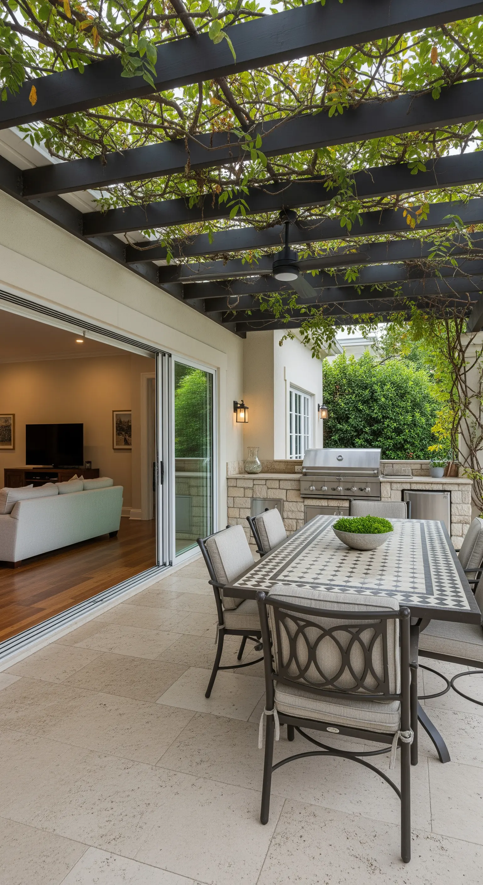 Cucina esterna con barbecue e tavolo da pranzo a mosaico sotto un pergolato scuro.