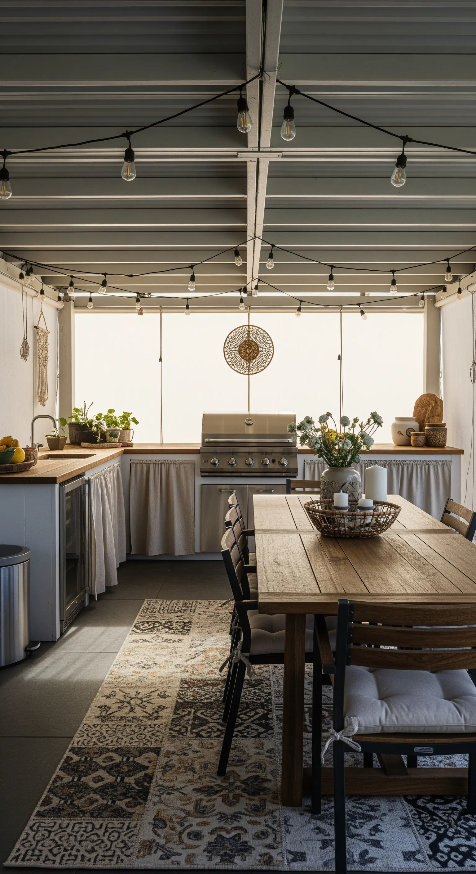 Cucina esterna con bancone, tavolo in legno, tappeto patchwork e luci sospese.