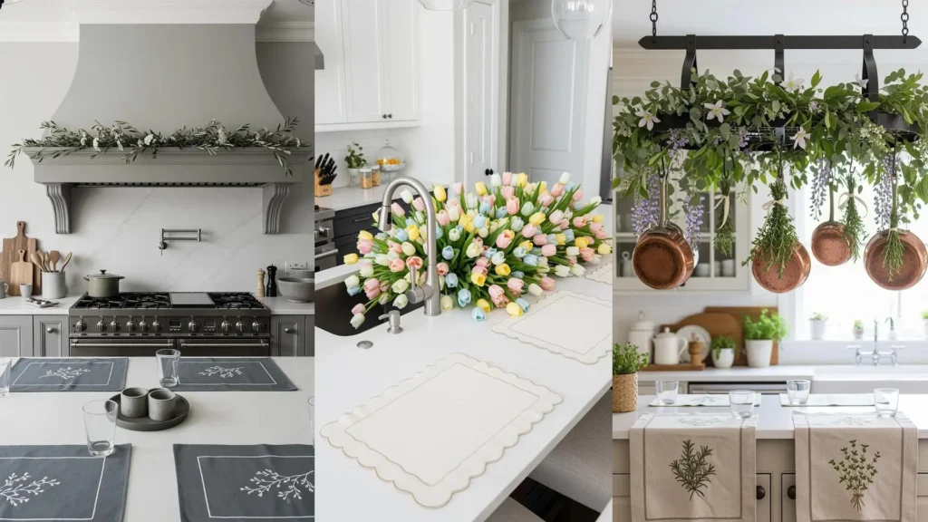 Cucina shabby chic per Pasqua con ghirlande floreali, tulipani colorati e tovagliette ricamate. Decorazioni primaverili.