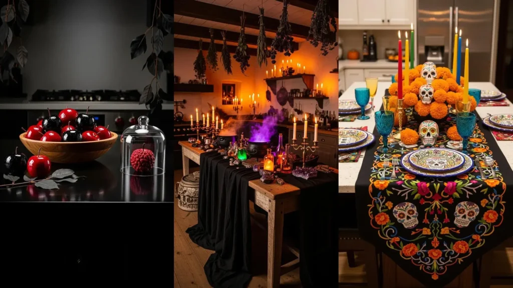 Diverse cucine decorate per Halloween con tavoli scuri, pozioni fumanti, candele e tovaglie nere ricamate.