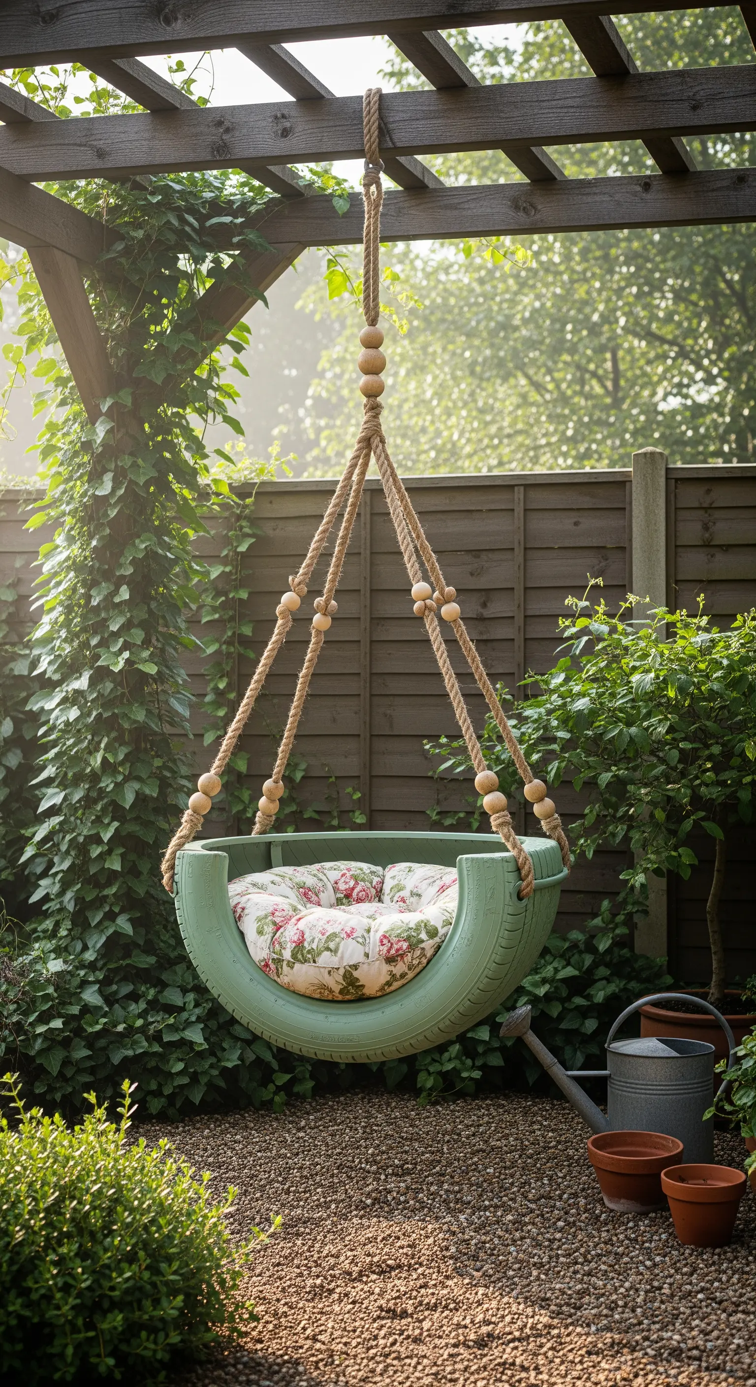 Mezzo pneumatico trasformato in altalena, verniciato di verde salvia con cuscino floreale.