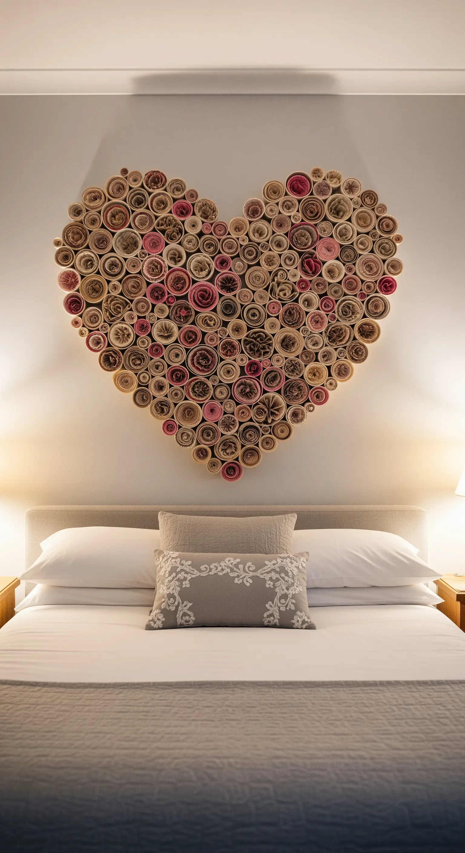 Grande cuore decorativo sopra un letto, realizzato con un mosaico di pagine di libro arrotolate.