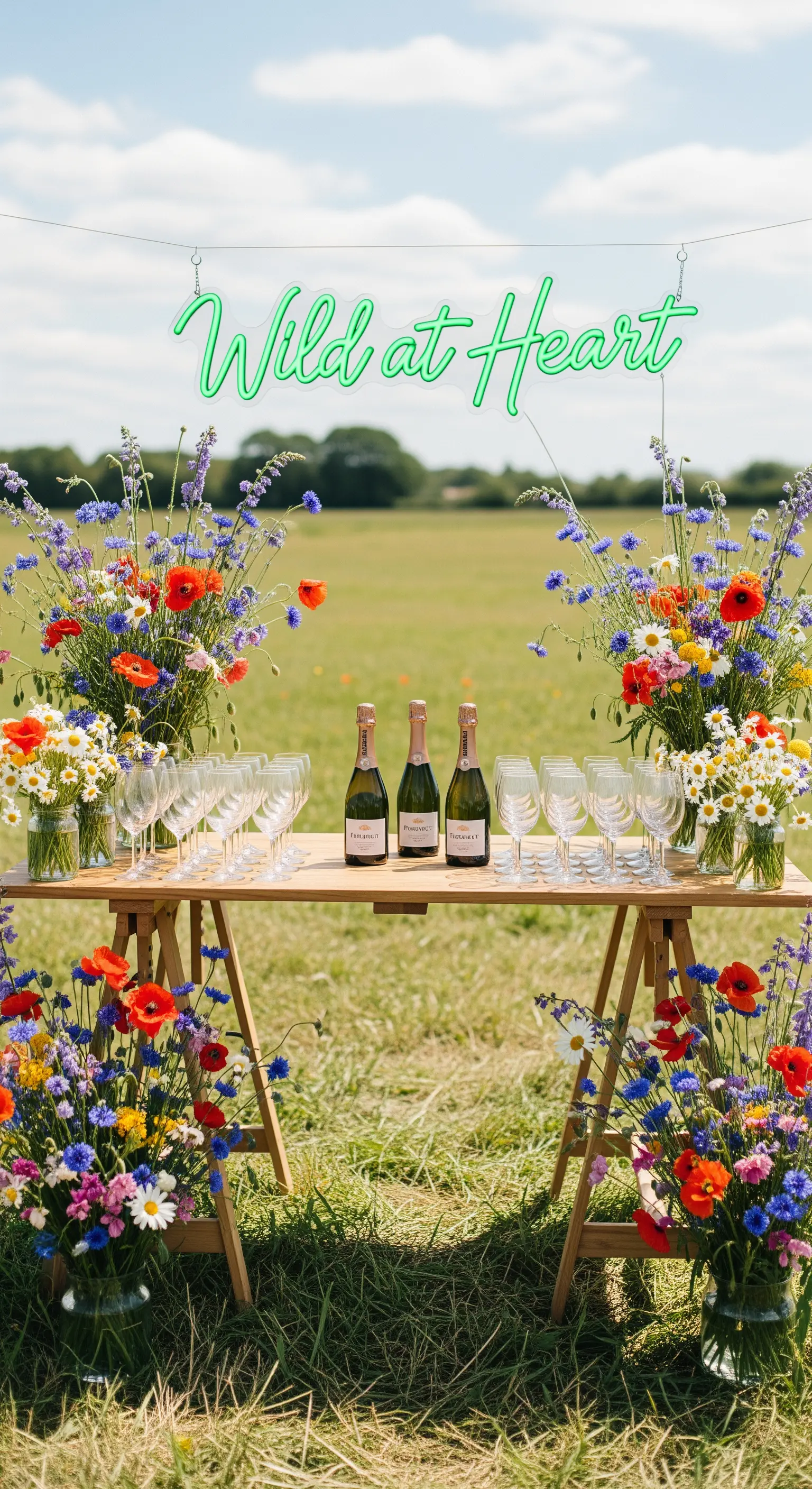 Tavolo da campo con mazzi di fiori selvatici e insegna 