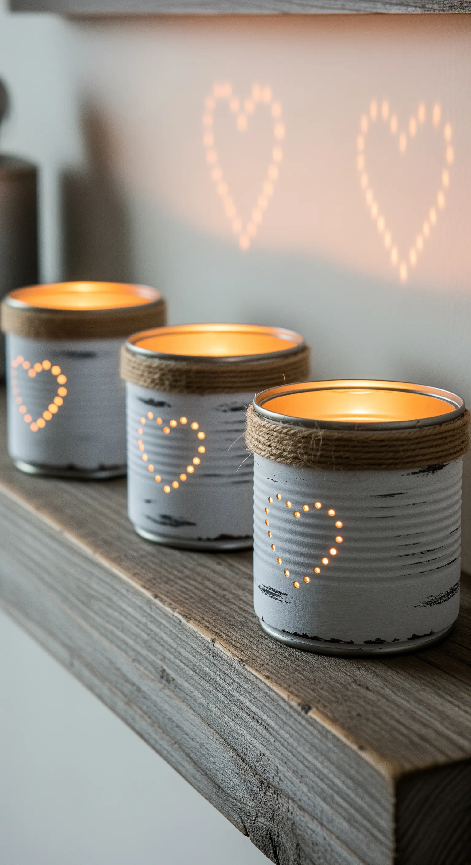 Tre portacandele bianchi in latta traforata a forma di cuore, su una mensola di legno.