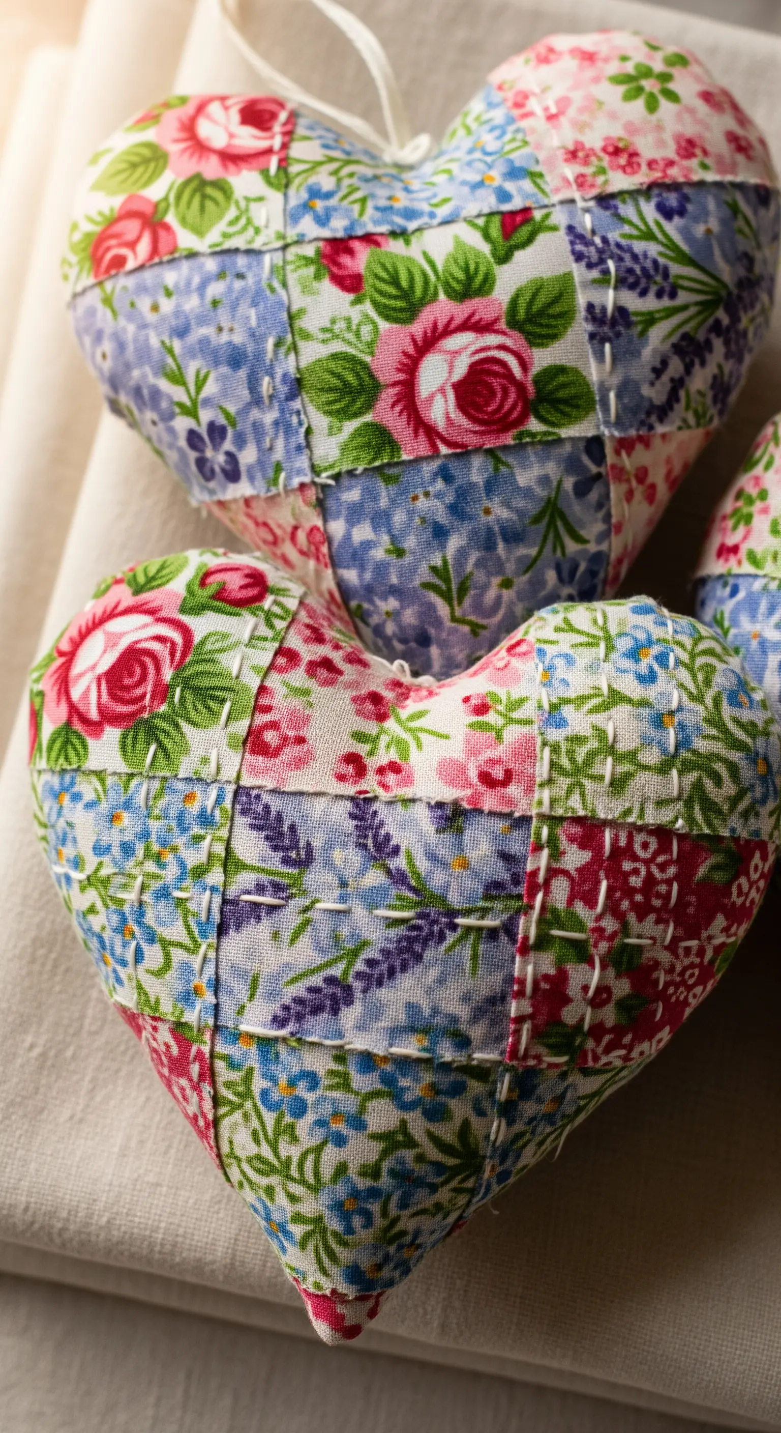 Cuori imbottiti realizzati con la tecnica patchwork, usando tessuti floreali e riempiti di lavanda.
