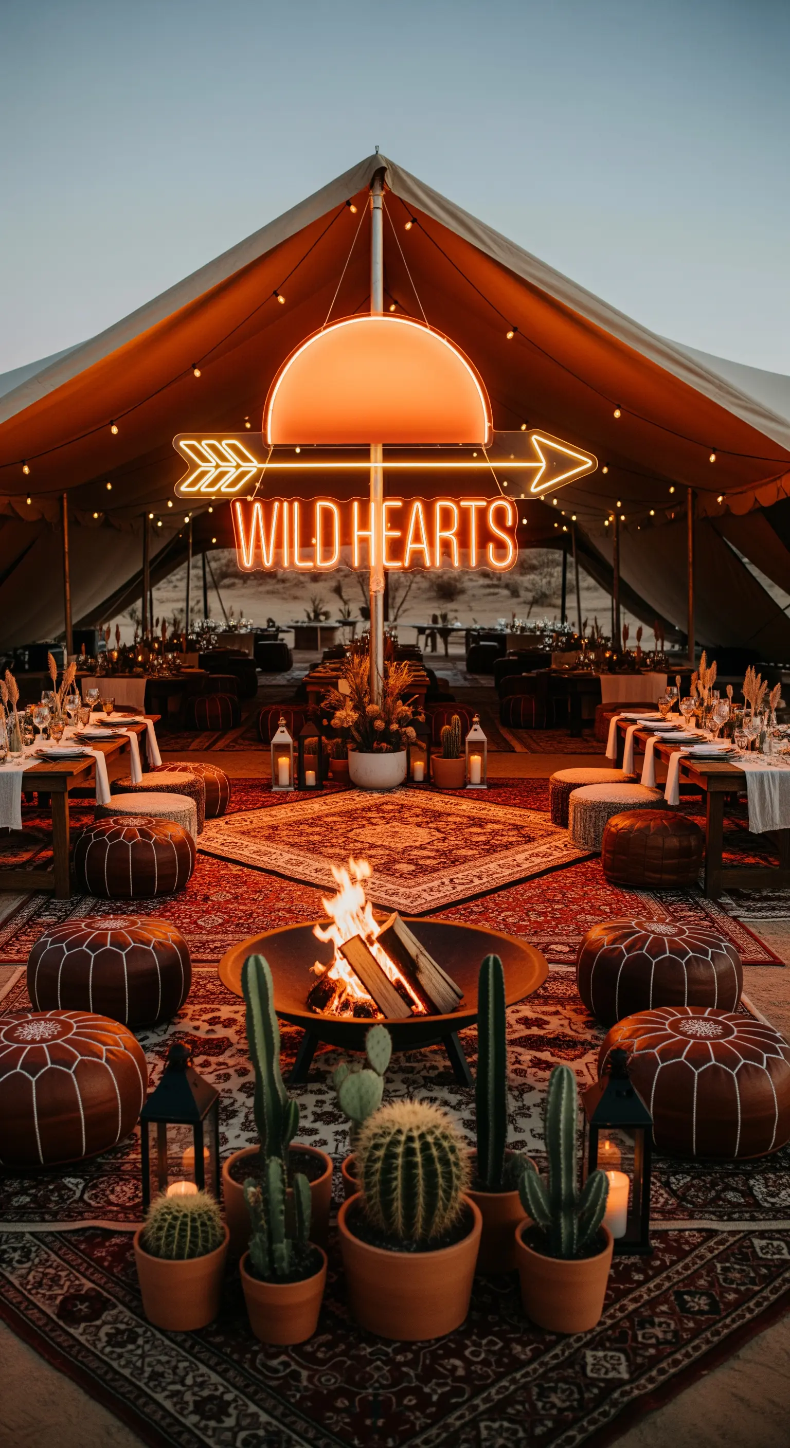 Tenda nel deserto con neon 