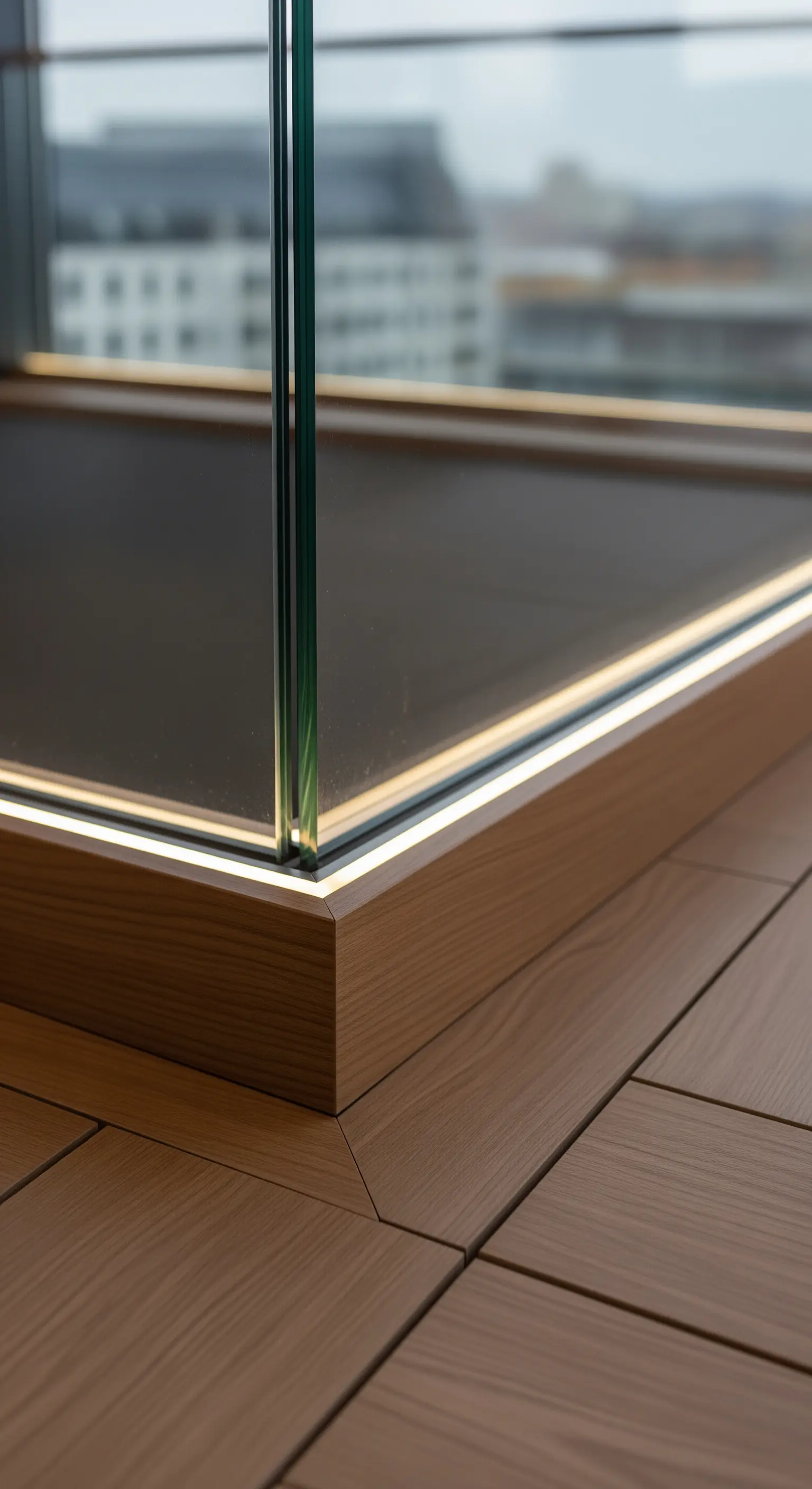 Dettaglio dell'angolo di un parapetto in vetro con striscia LED integrata in una cornice di legno