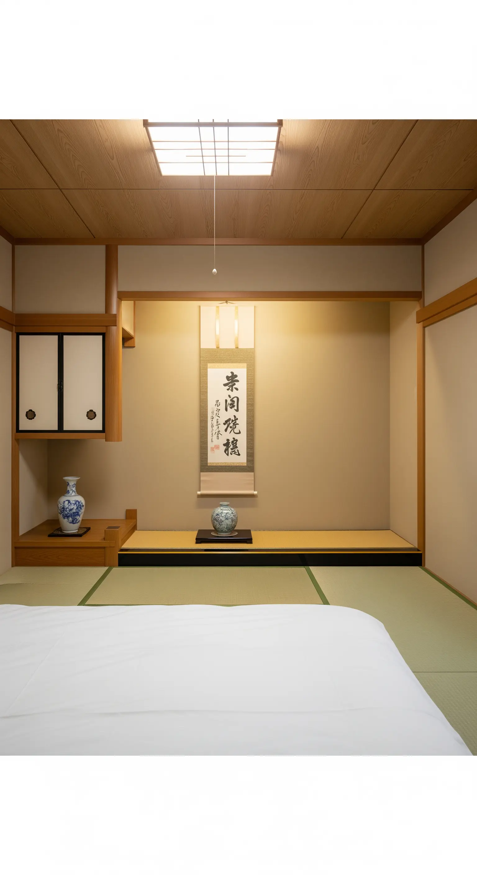 Stanza giapponese con un futon in primo piano e un'alcova tokonoma con pergamena e vaso.