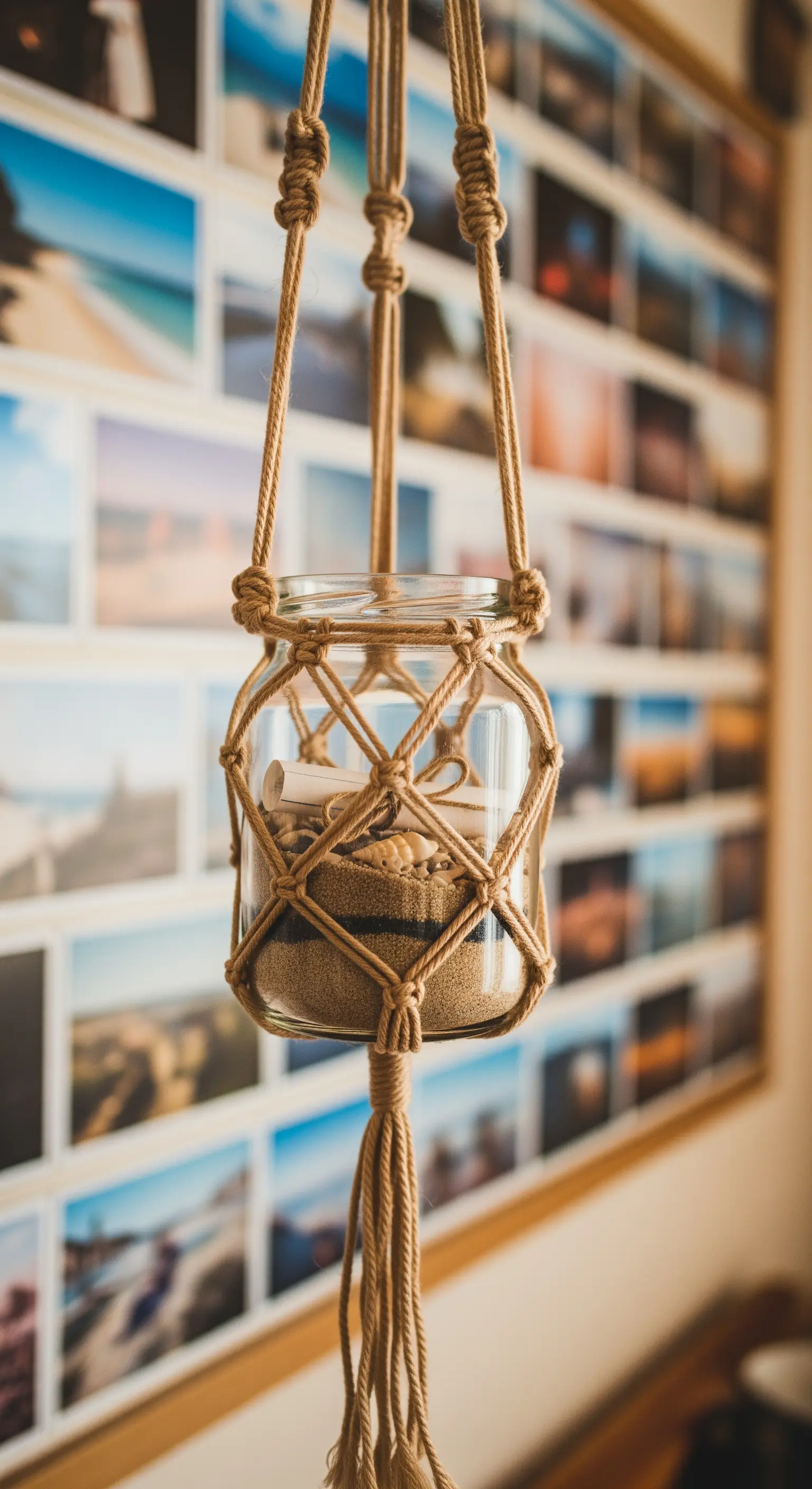 Vaso di vetro con sabbia e messaggio, sospeso in un supporto di macramè.
