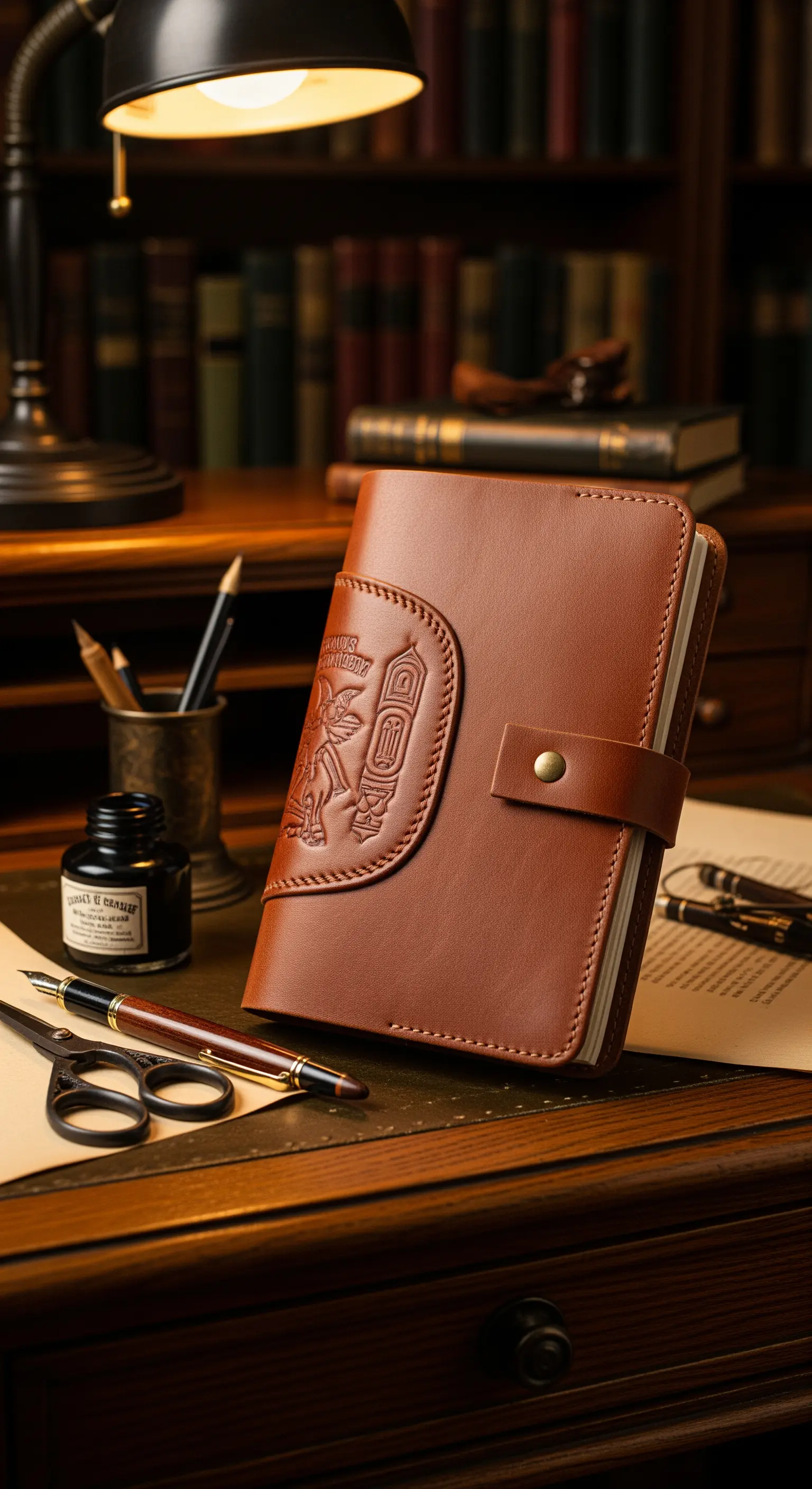 Agenda con copertina in pelle marrone goffrata su una scrivania in legno.