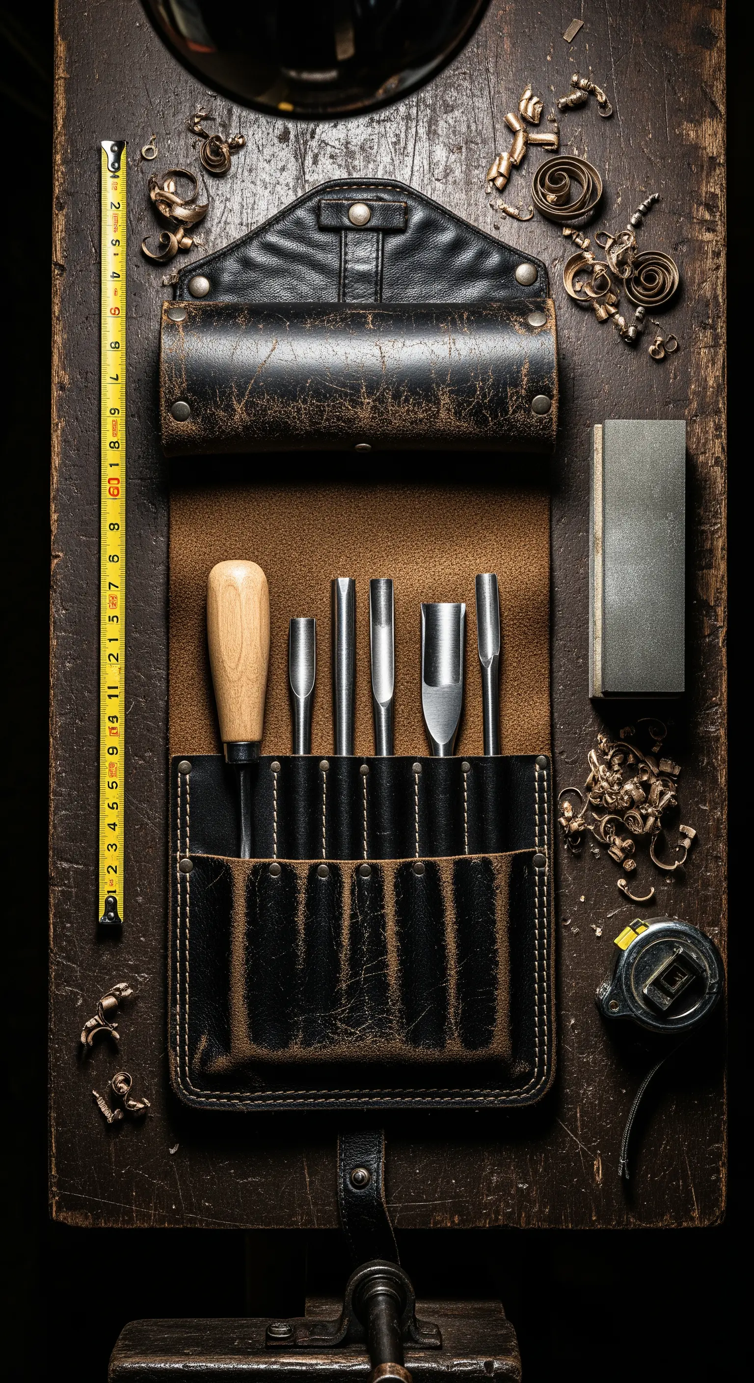 Rotolo portautensili in pelle invecchiata con scalpelli e attrezzi da falegname.