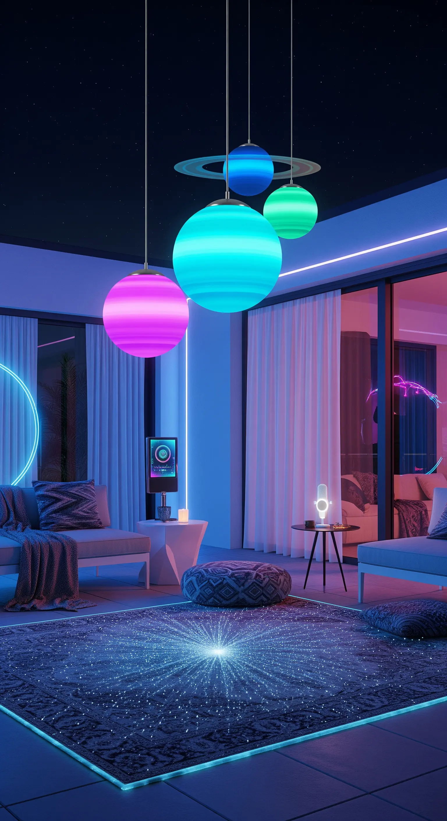 Patio futuristico con lampade a forma di pianeta, luci al neon e un tappeto luminoso.