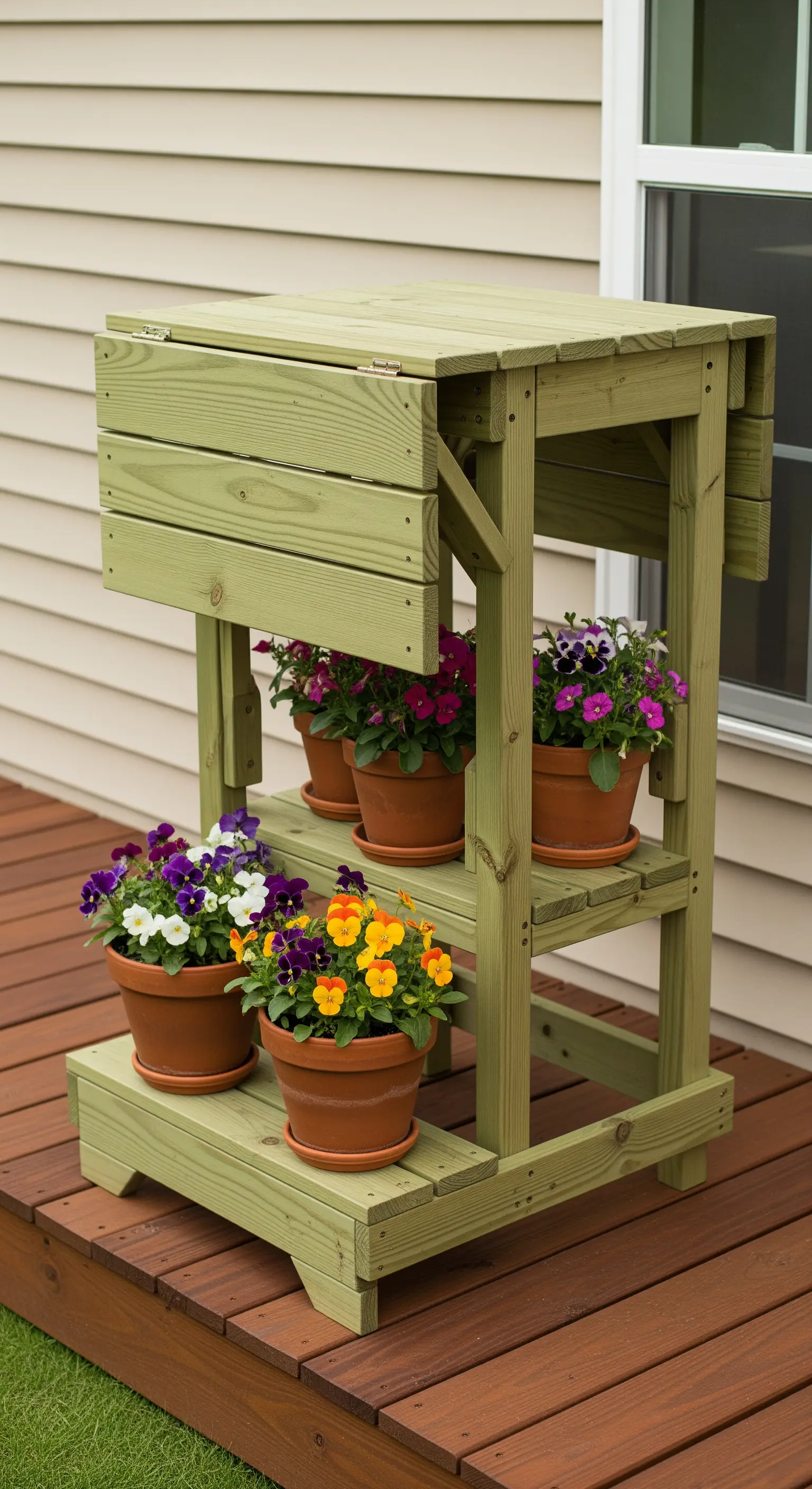 Banco da giardinaggio in legno verde con un ripiano superiore pieghevole per ampliare la superficie.