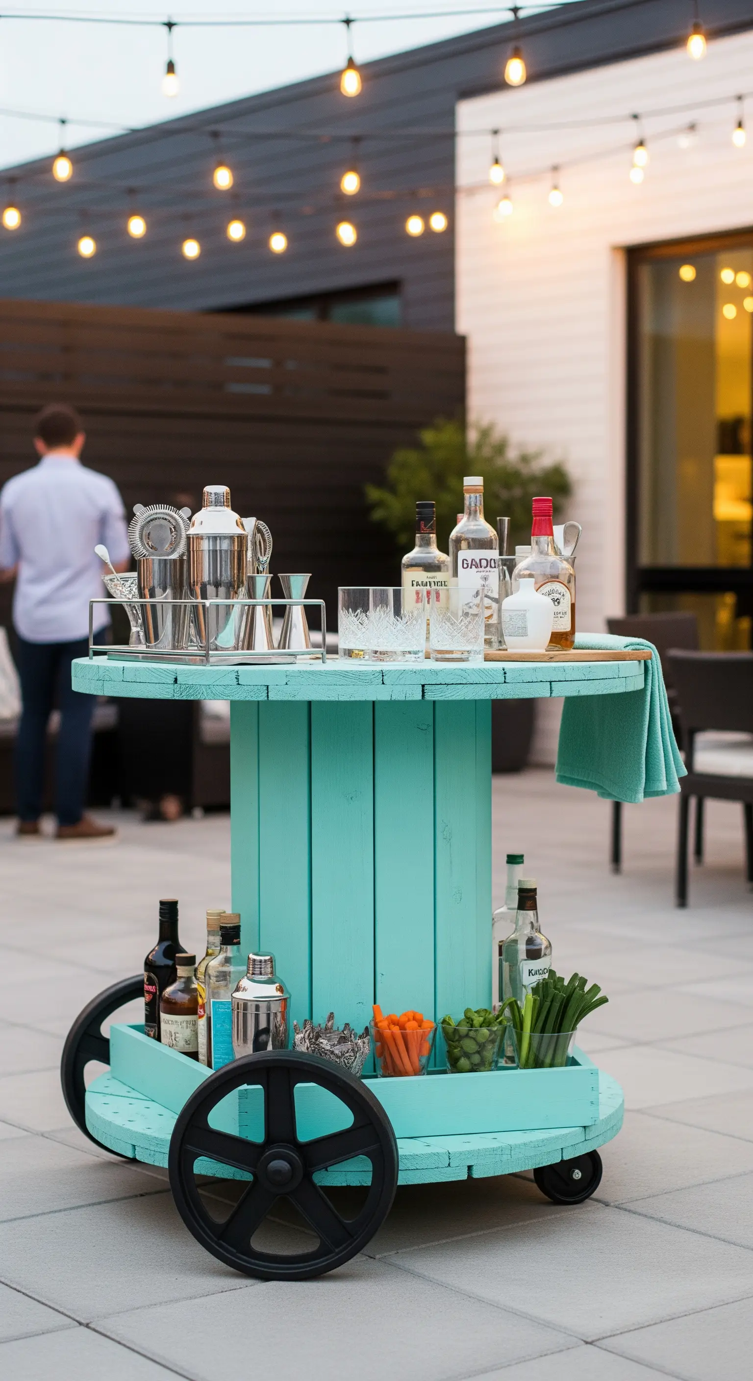 Bobina di legno turchese trasformata in un carrello bar con ruote e ripiano inferiore.