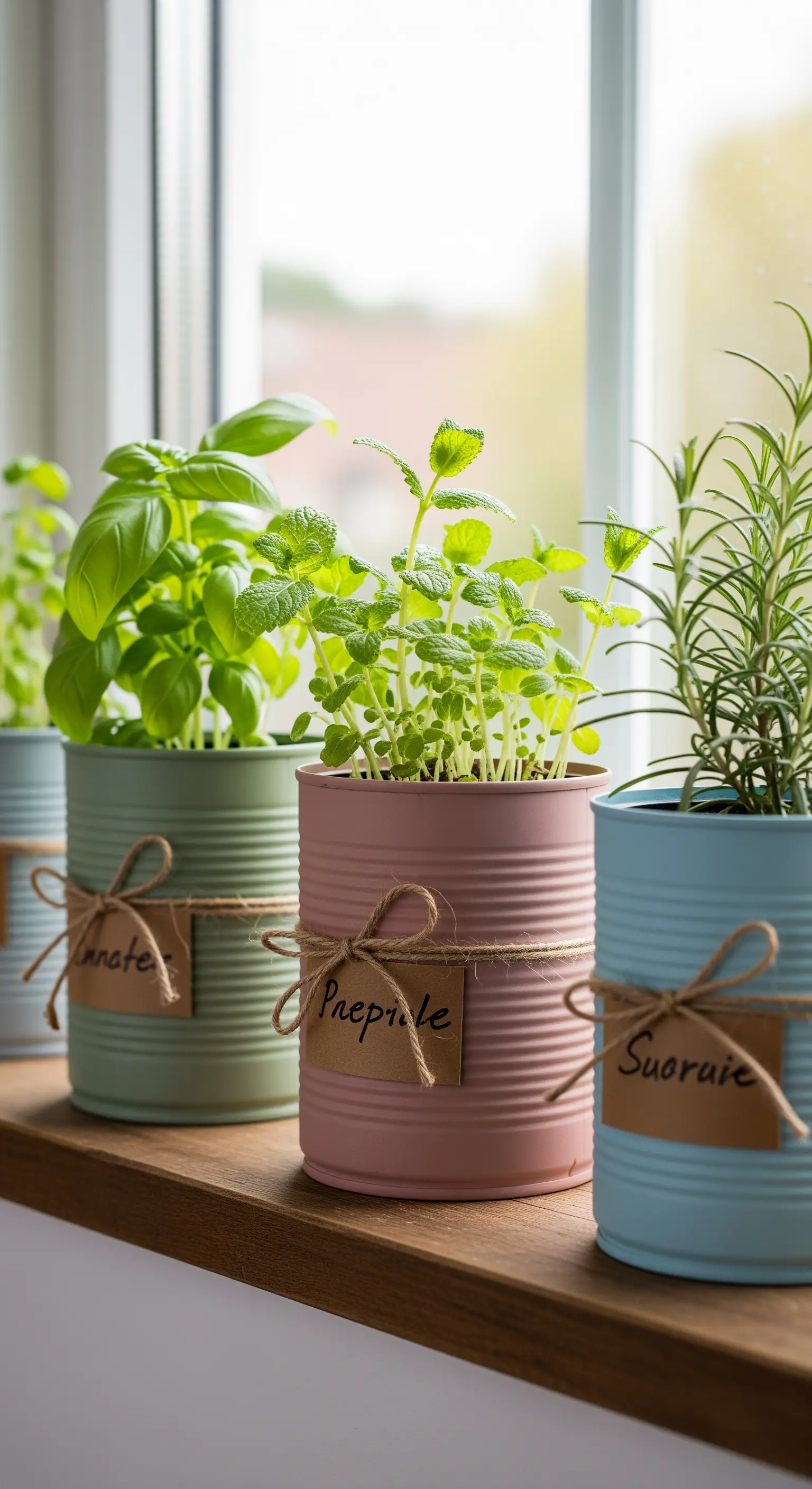 Barattoli di latta riciclati e dipinti in colori pastello usati come vasi per erbe aromatiche.