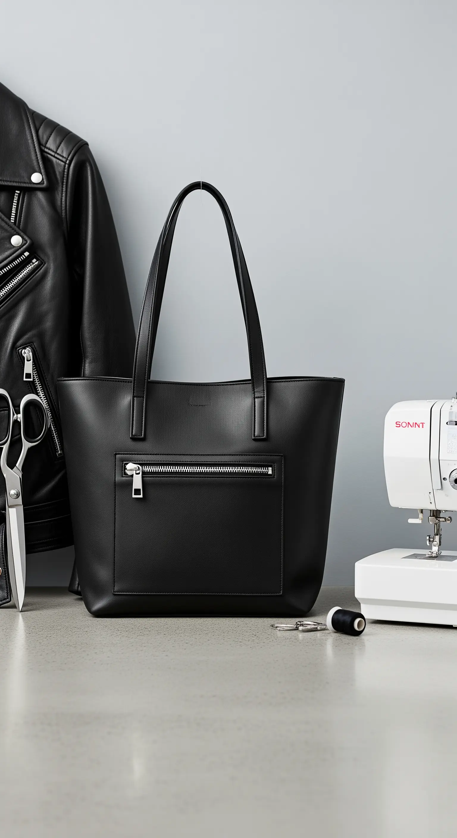 Borsa shopper in pelle nera accanto a una macchina da cucire e una giacca.