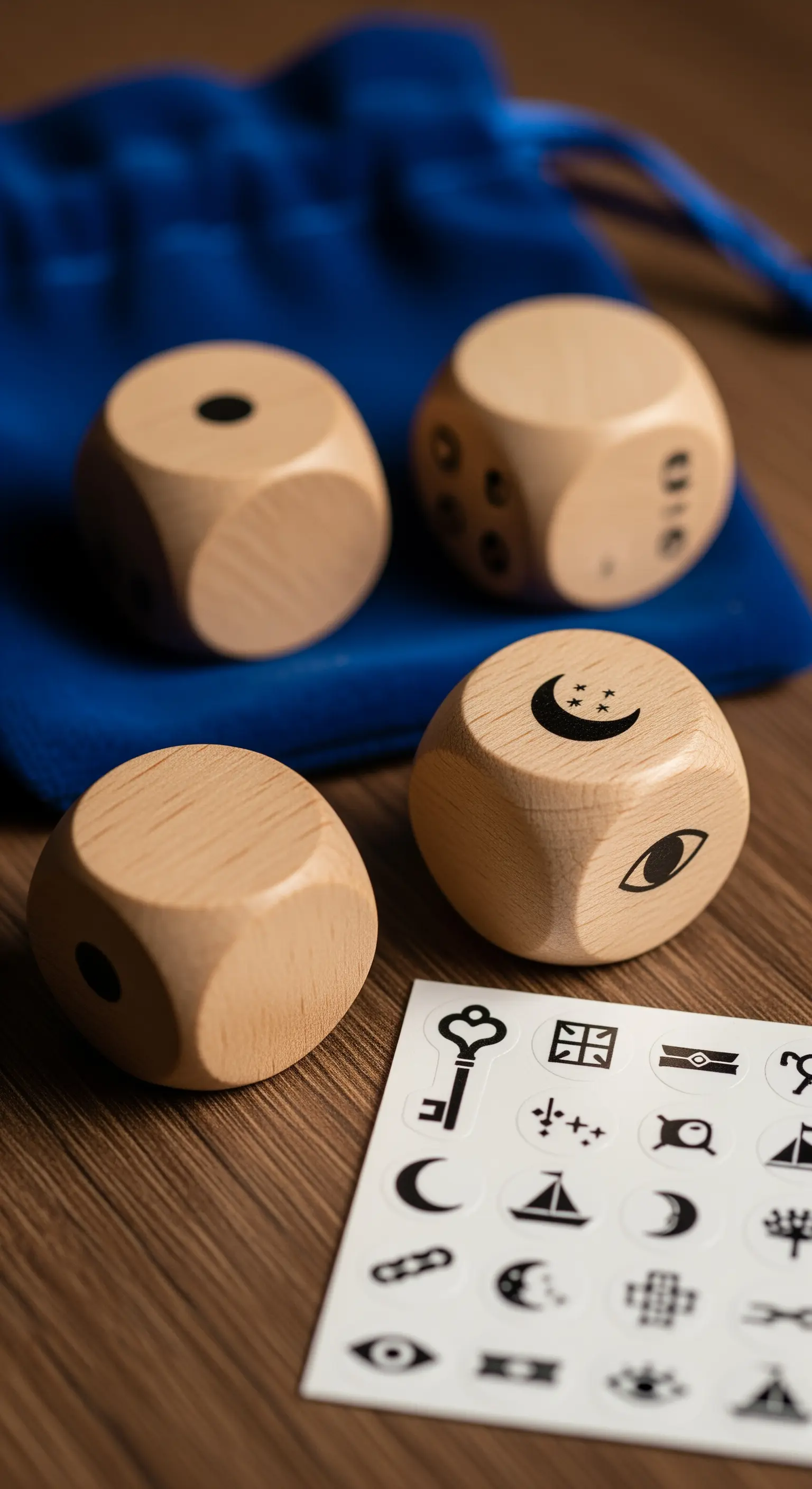 Dadi di legno da personalizzare con adesivi per creare storie.