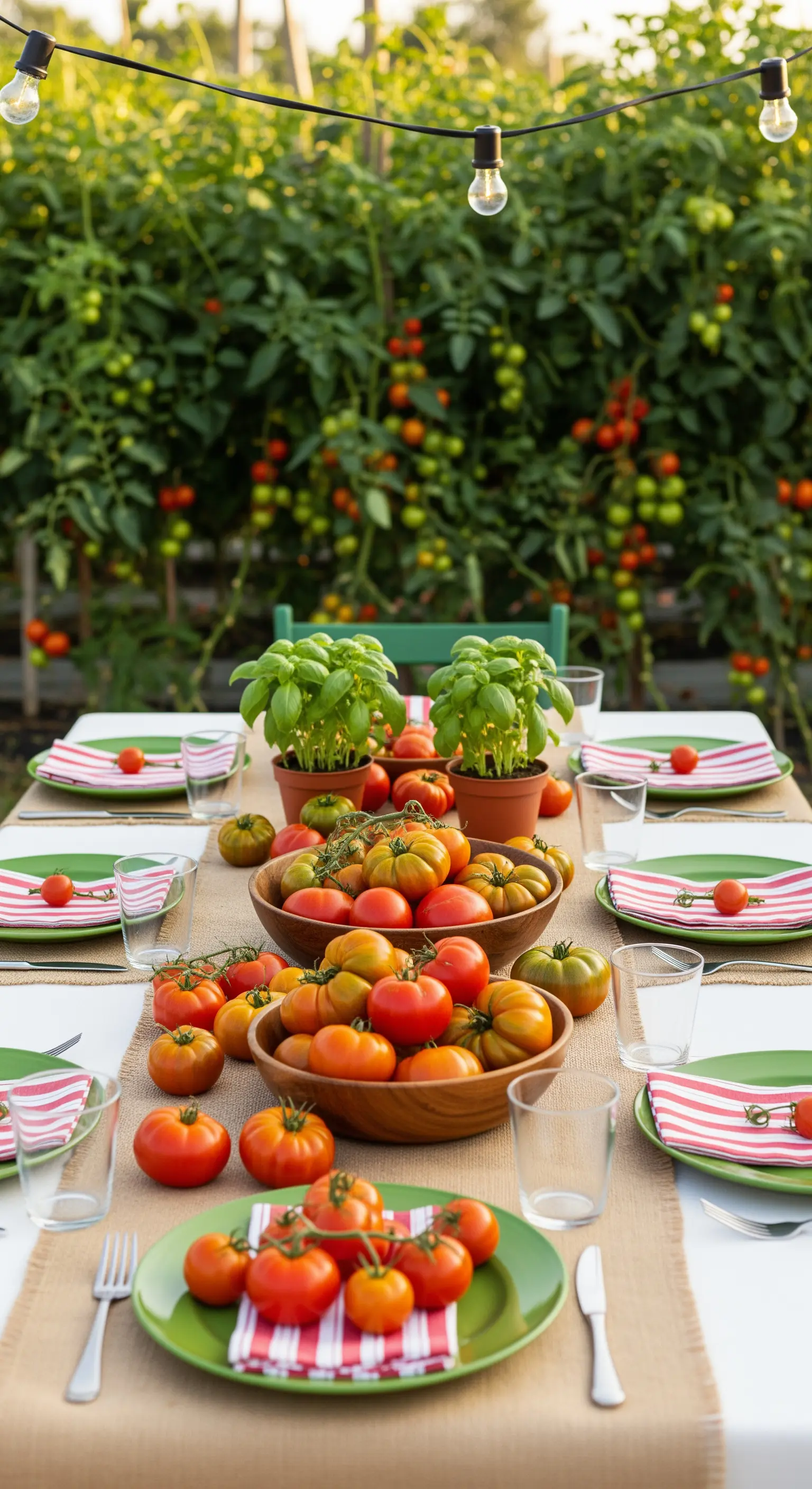 Tavola in un orto con centrotavola di pomodori freschi e tovaglioli a righe.