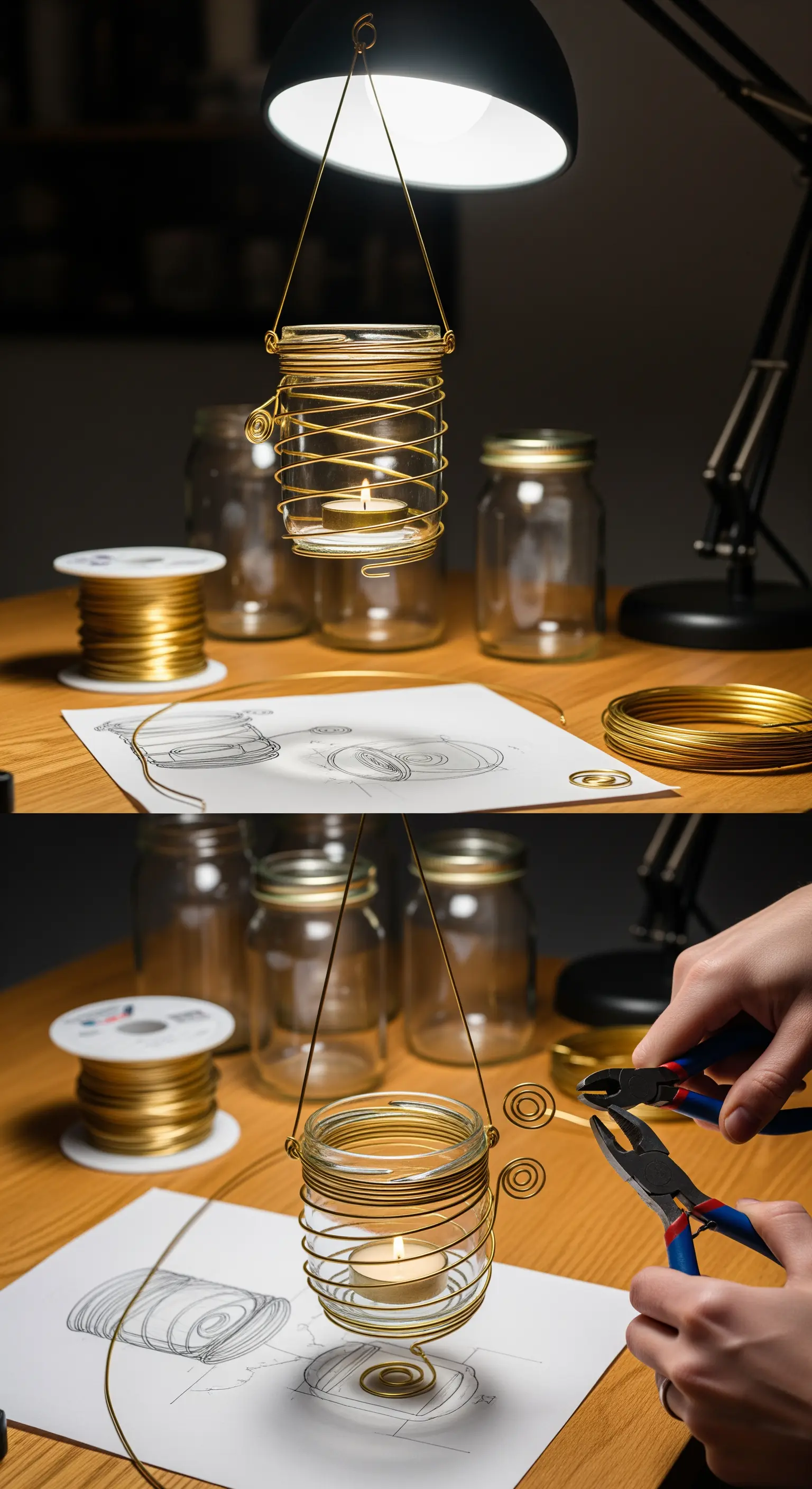 Fasi di creazione di un portacandele: schizzo, avvolgimento del filo e uso delle pinze.