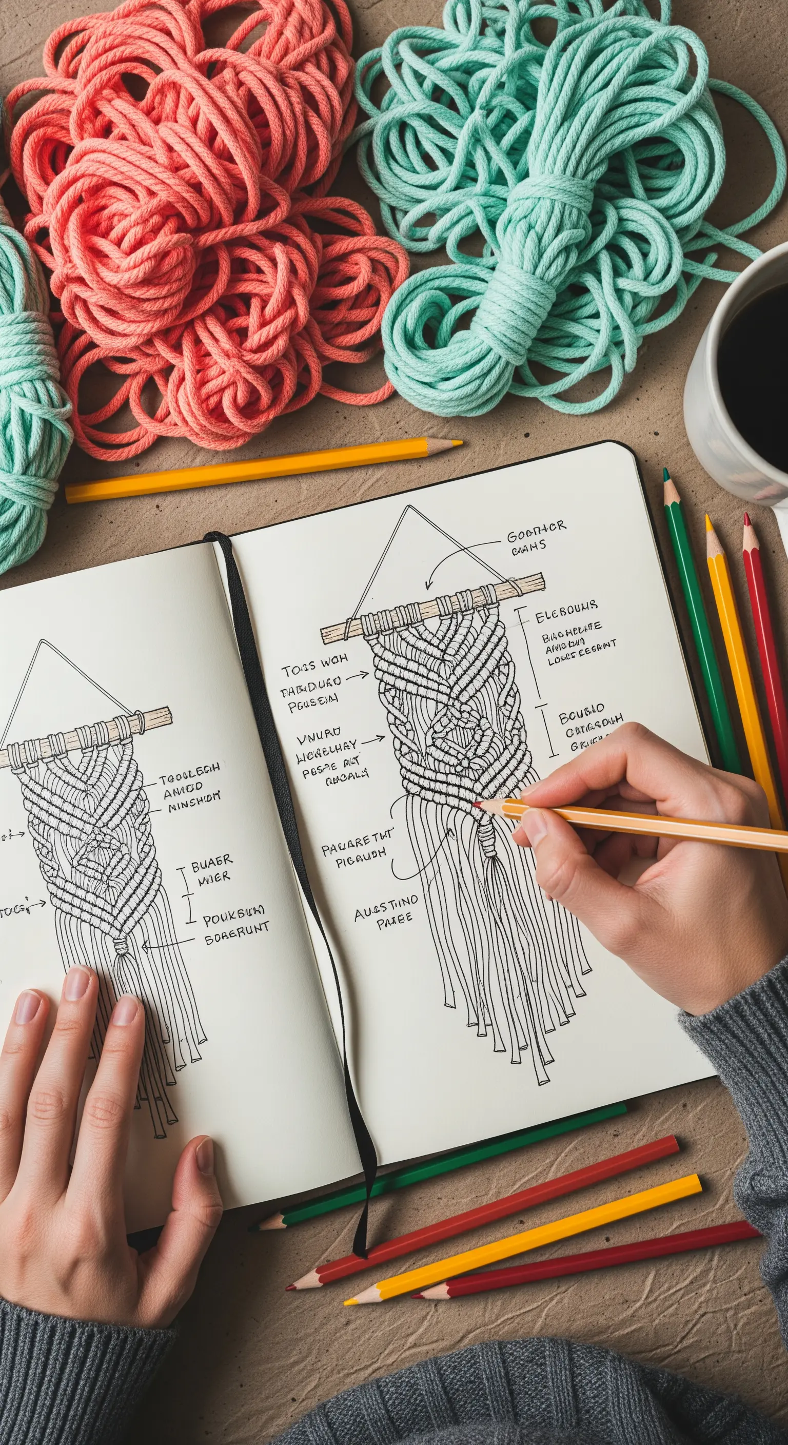Una persona disegna un progetto di macramè su un quaderno, circondata da matite e corde colorate.