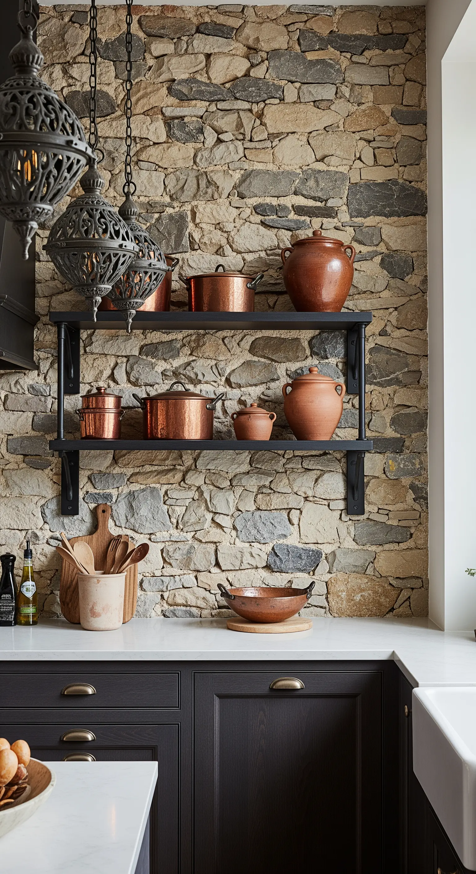 Parete in pietra a vista con mensole nere, pentole in rame e lanterne decorate.