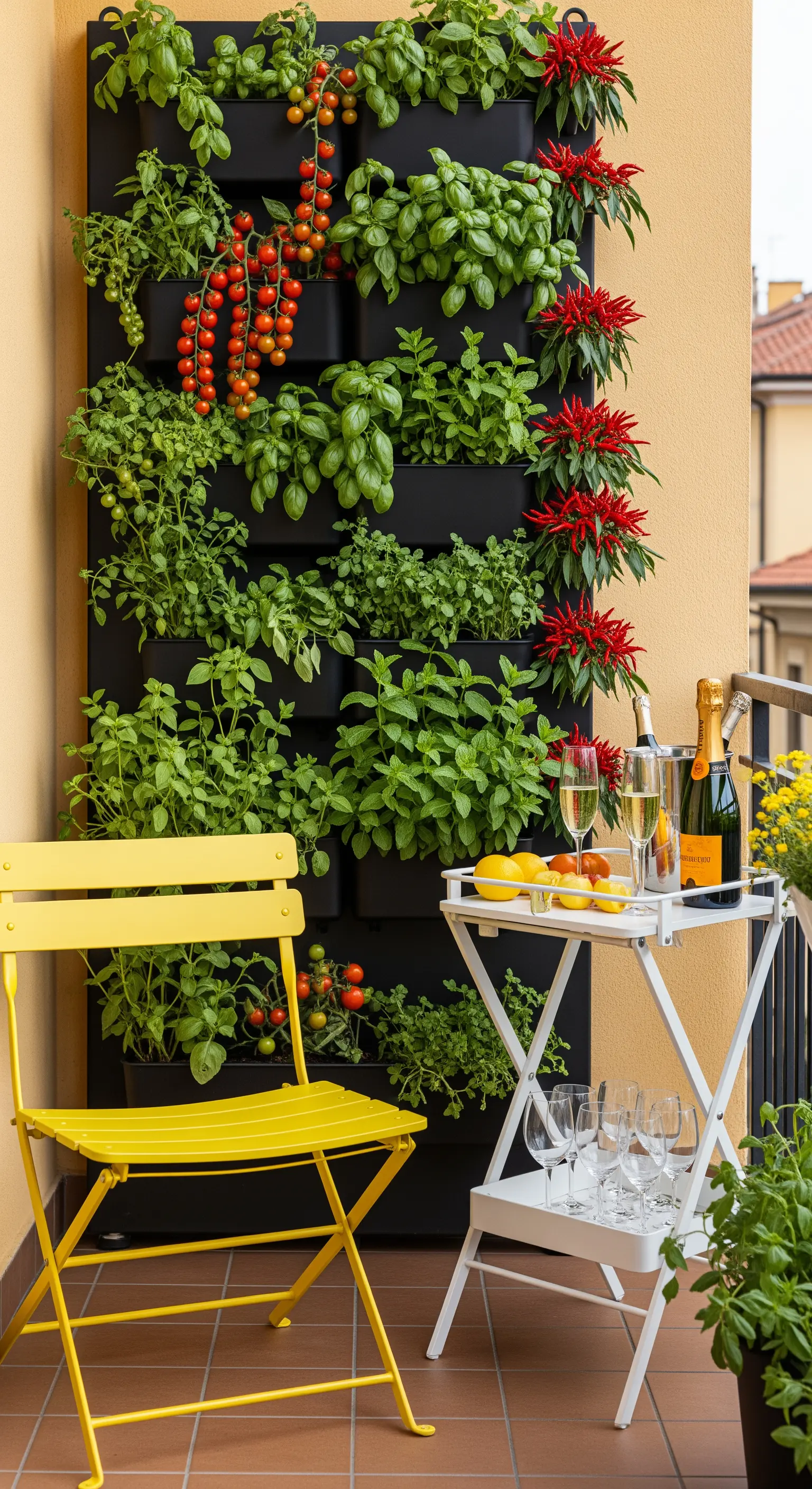 Orto verticale con pomodori e basilico, sedia gialla e carrello bar per un aperitivo.
