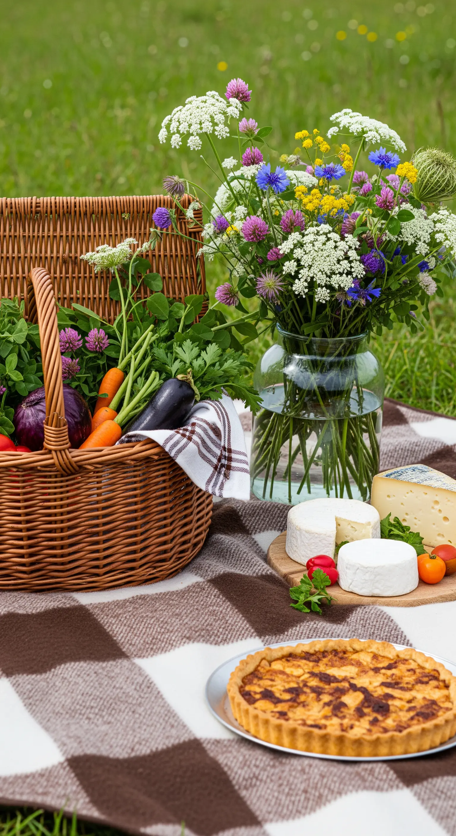 Picnic rustico con cesto di verdure fresche, formaggi e un grande bouquet di fiori di campo