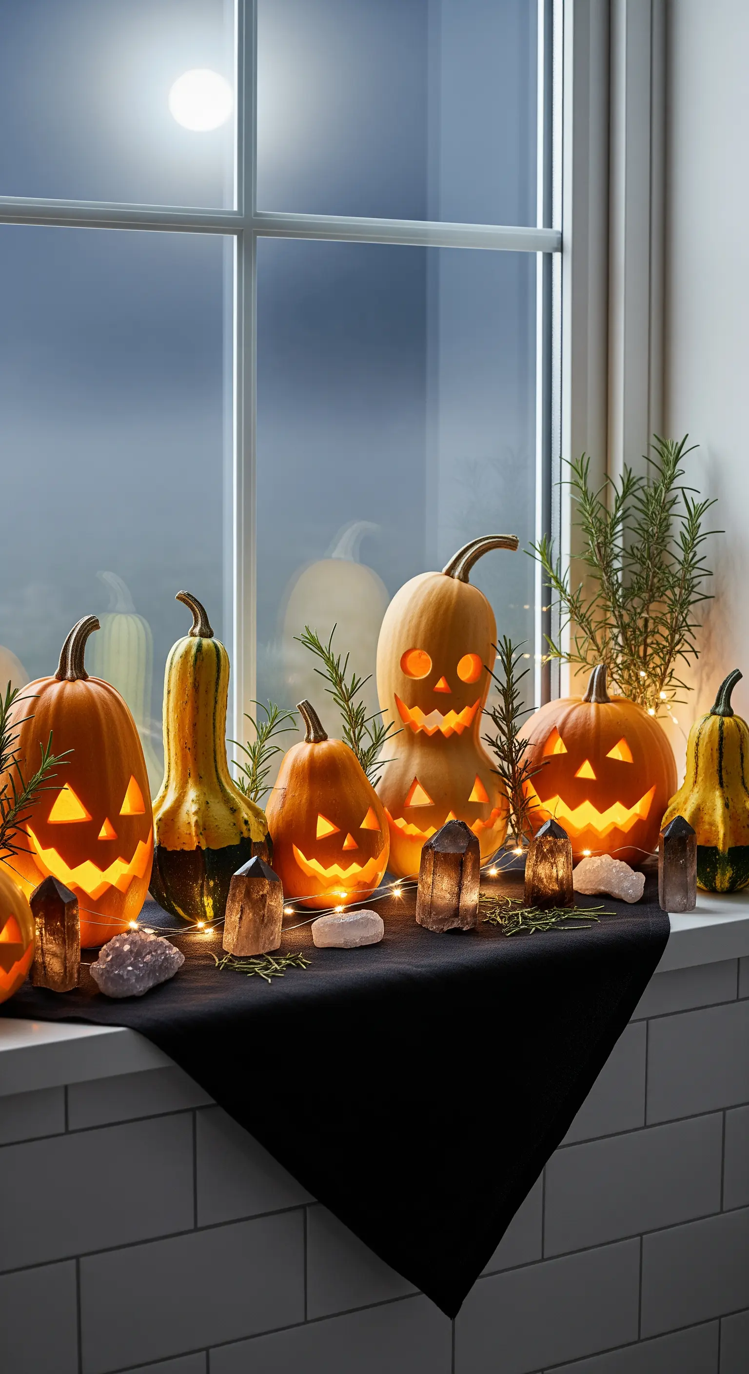 Davanzale di una finestra decorato con zucche intagliate e illuminate, cristalli e lucine.