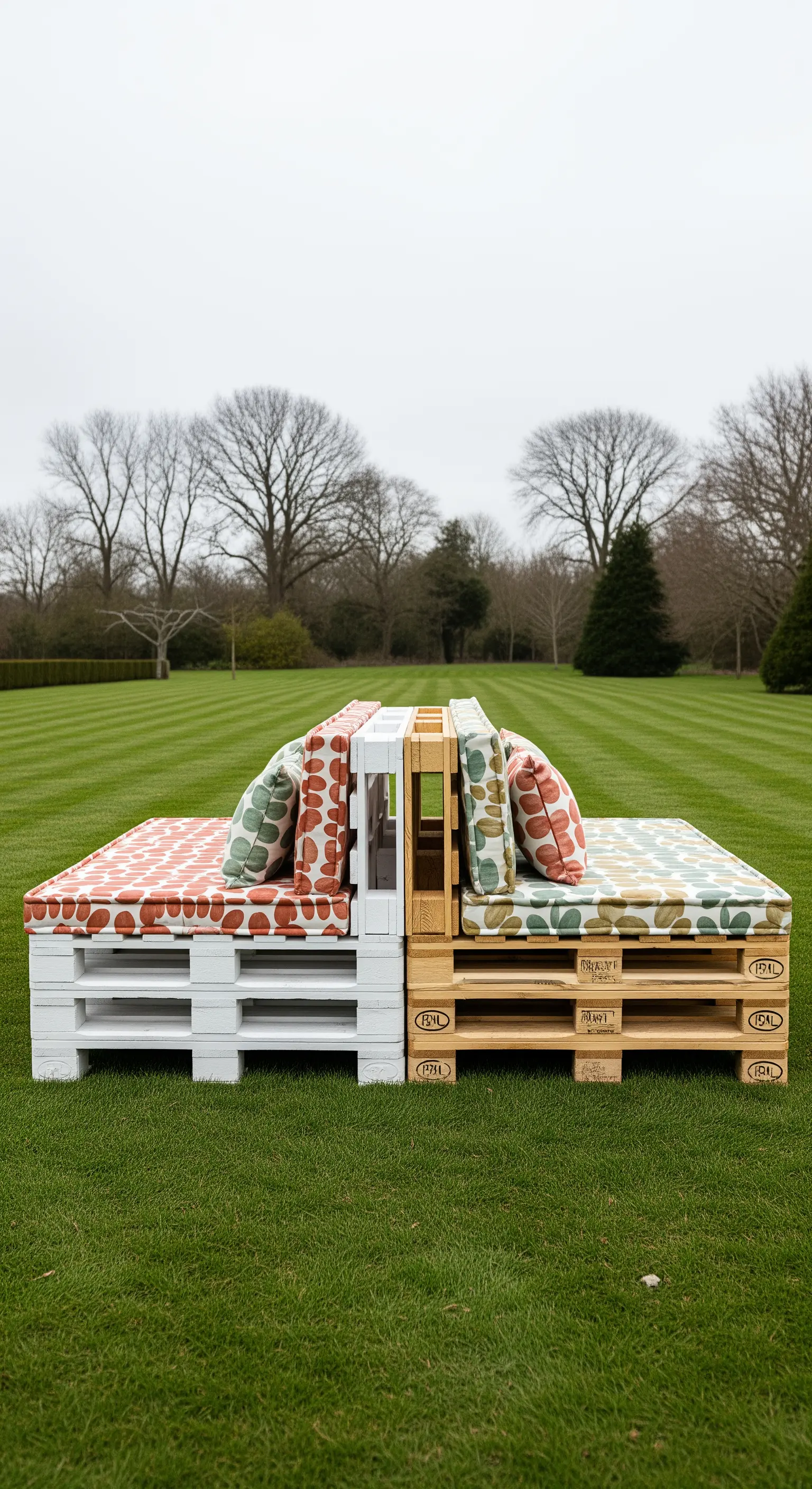 Divano a due facce realizzato con pallet, metà bianco e metà legno naturale, su un prato