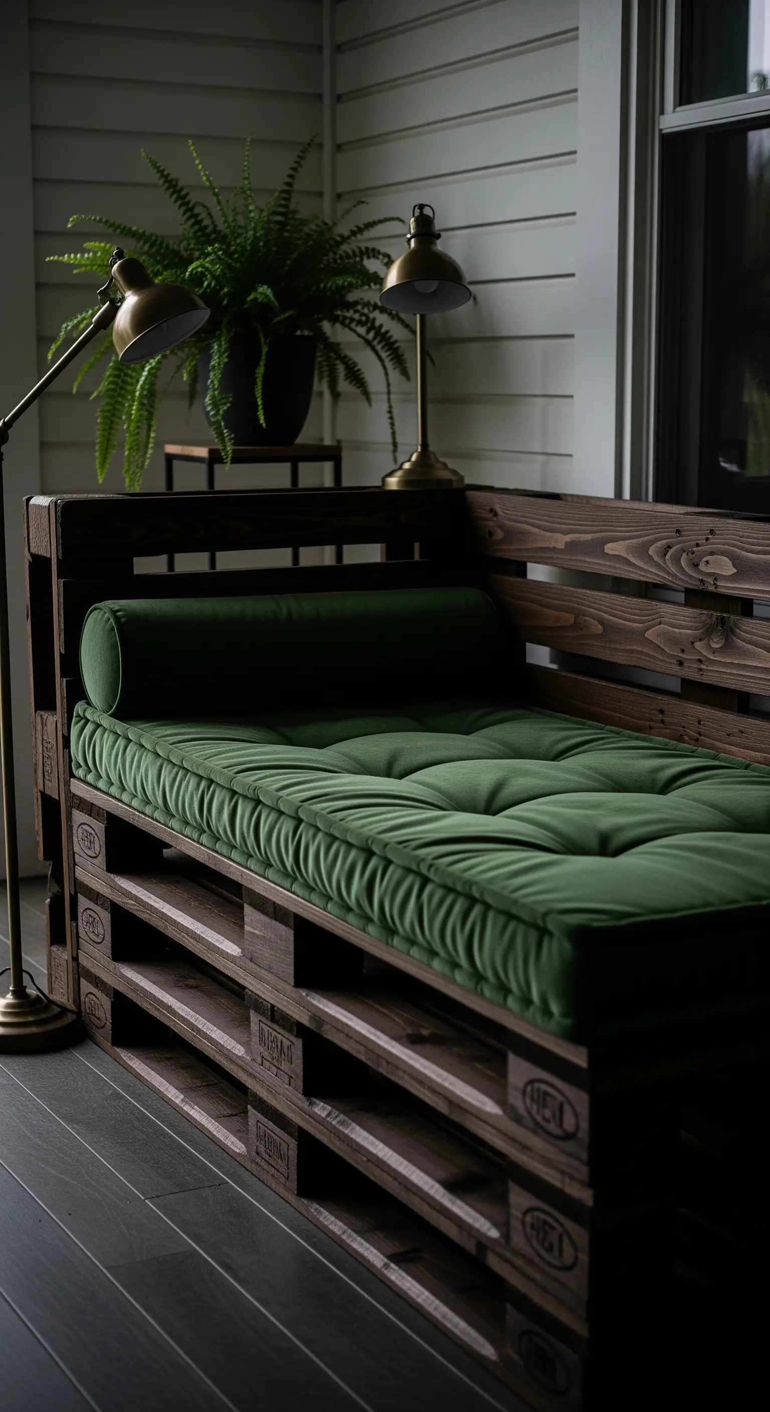 Divanetto in pallet tinto legno scuro con un materassino in velluto verde foresta