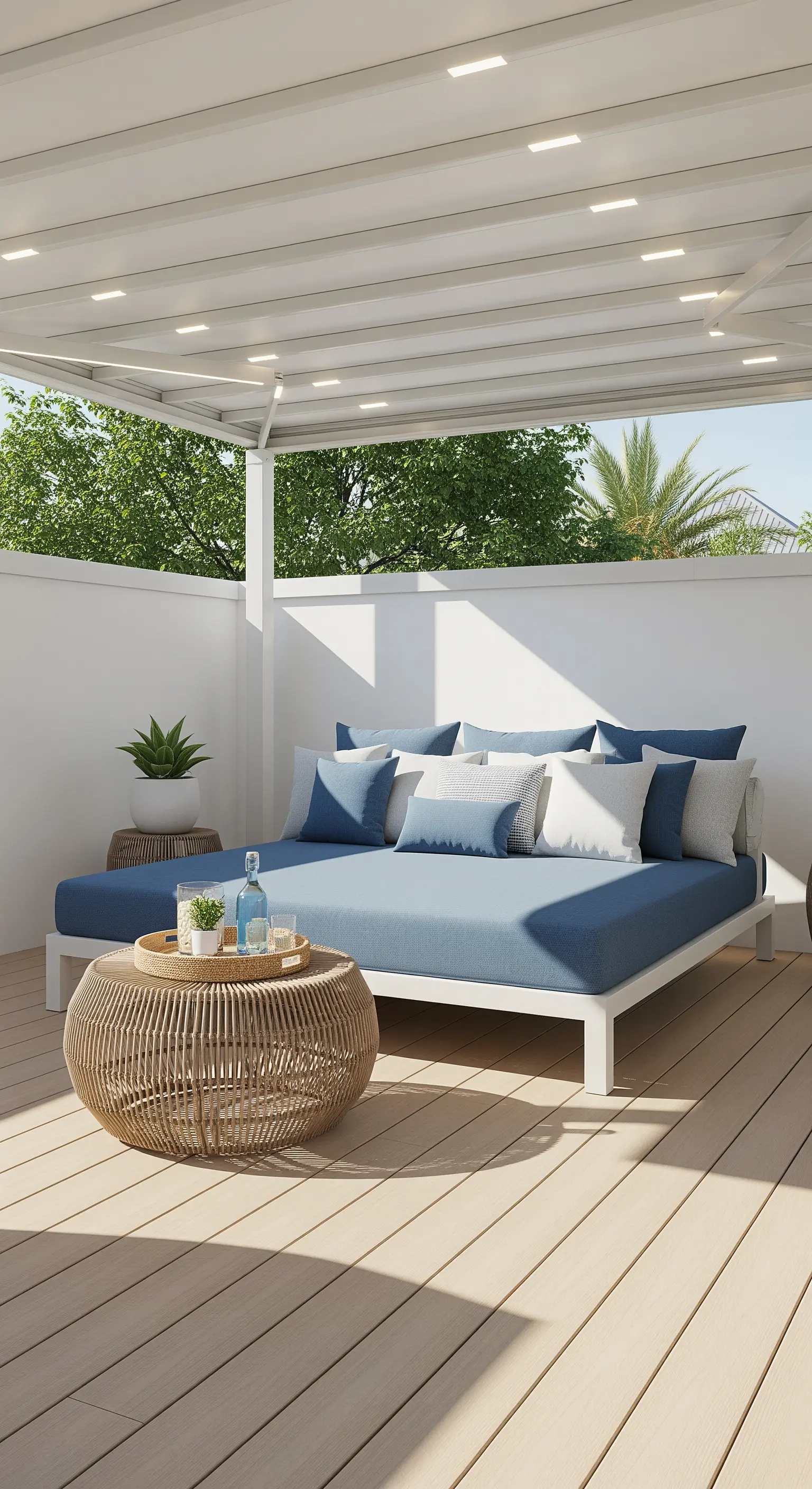 Patio coperto con un grande daybed blu e un tavolino rotondo in rattan.