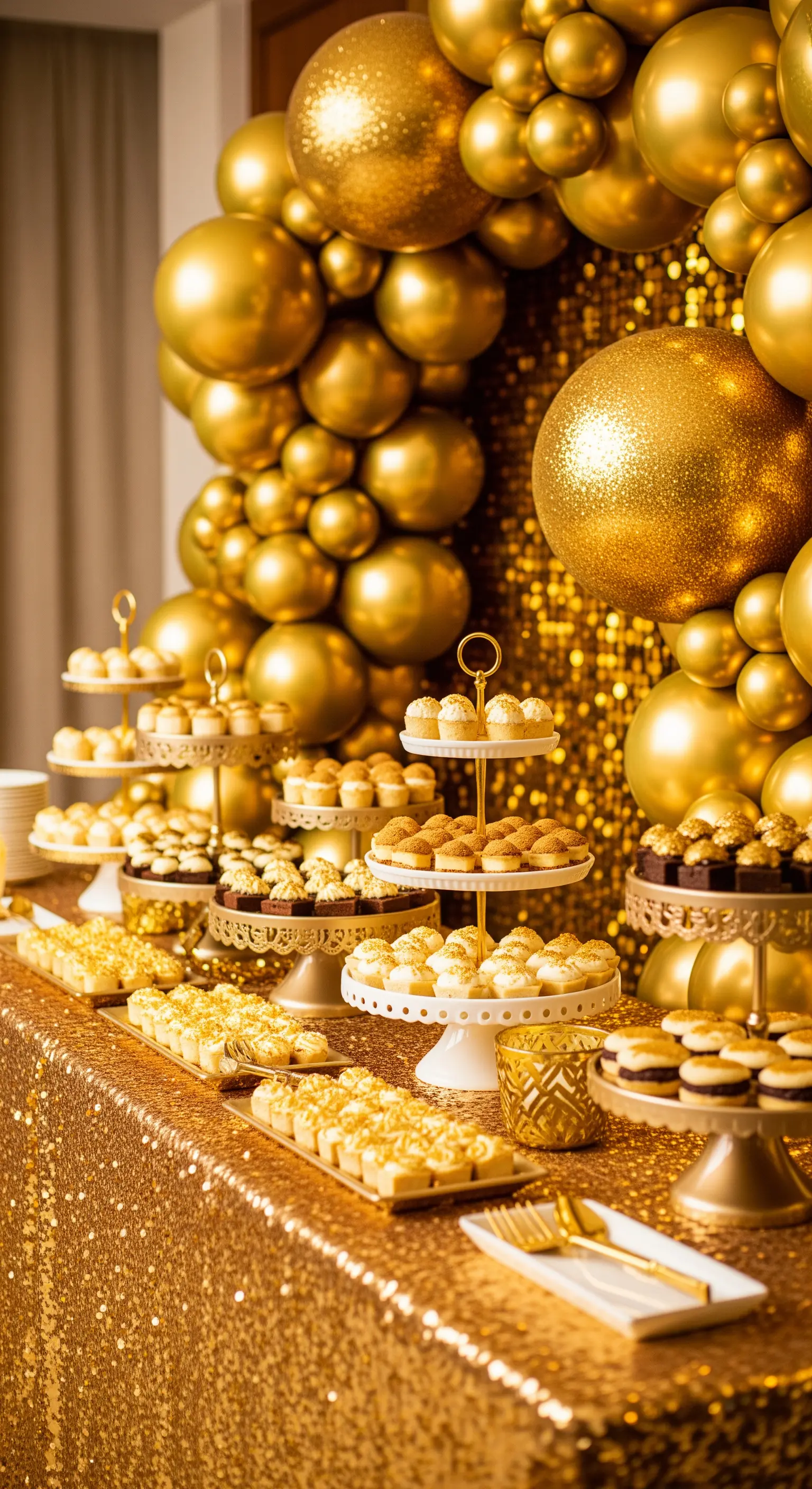 Buffet di dolci interamente dorato con arco di palloncini e tovaglia di paillettes.