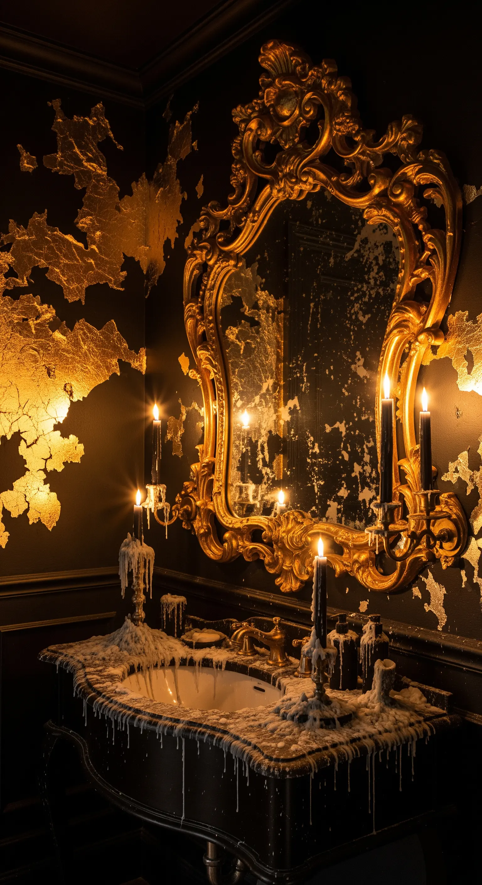 Bagno nero con dettagli in foglia d'oro scrostata e candele nere gocciolanti