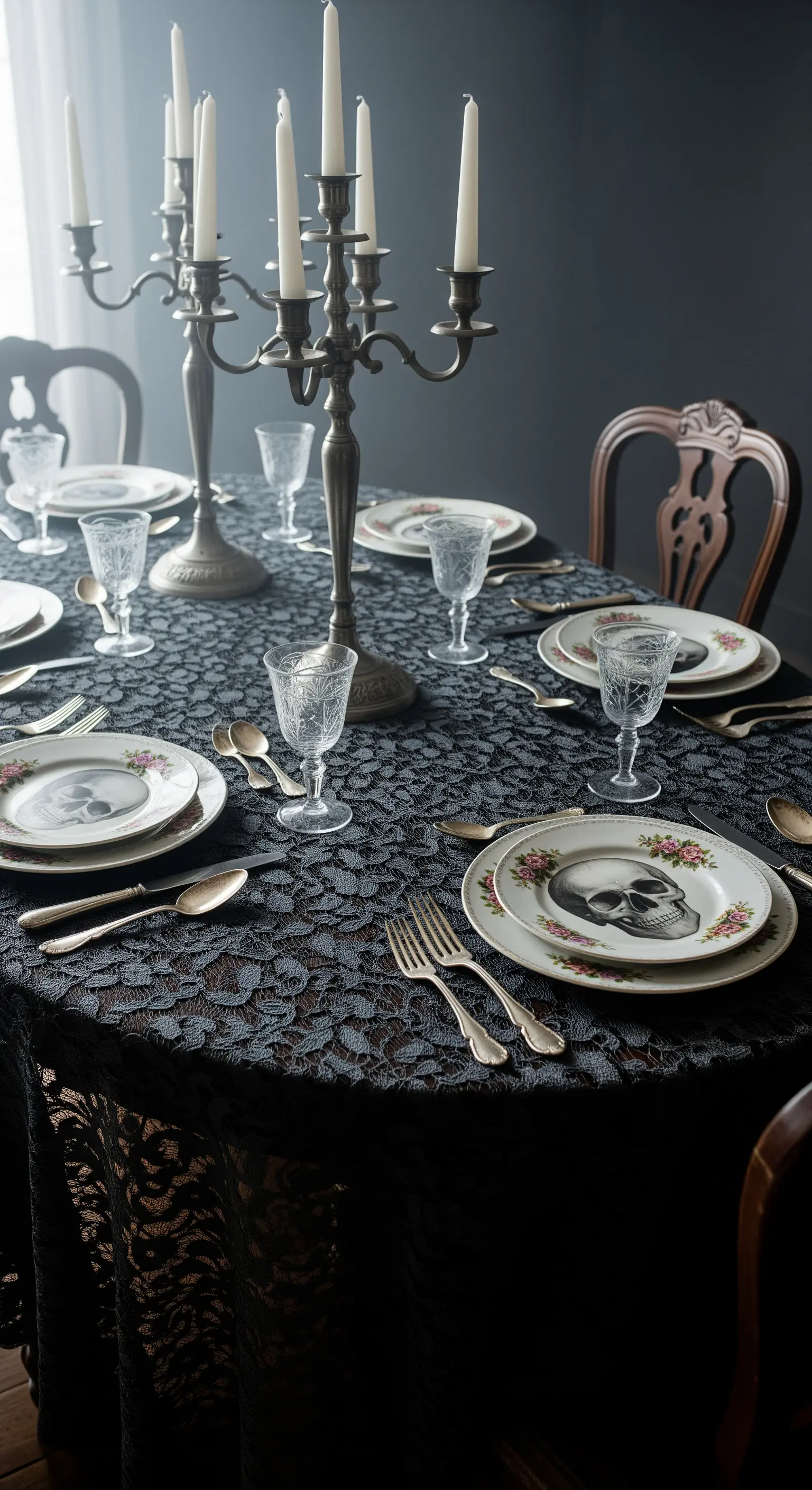 Tovaglia in pizzo nero con piatti floreali e teschi per un Halloween romantico.