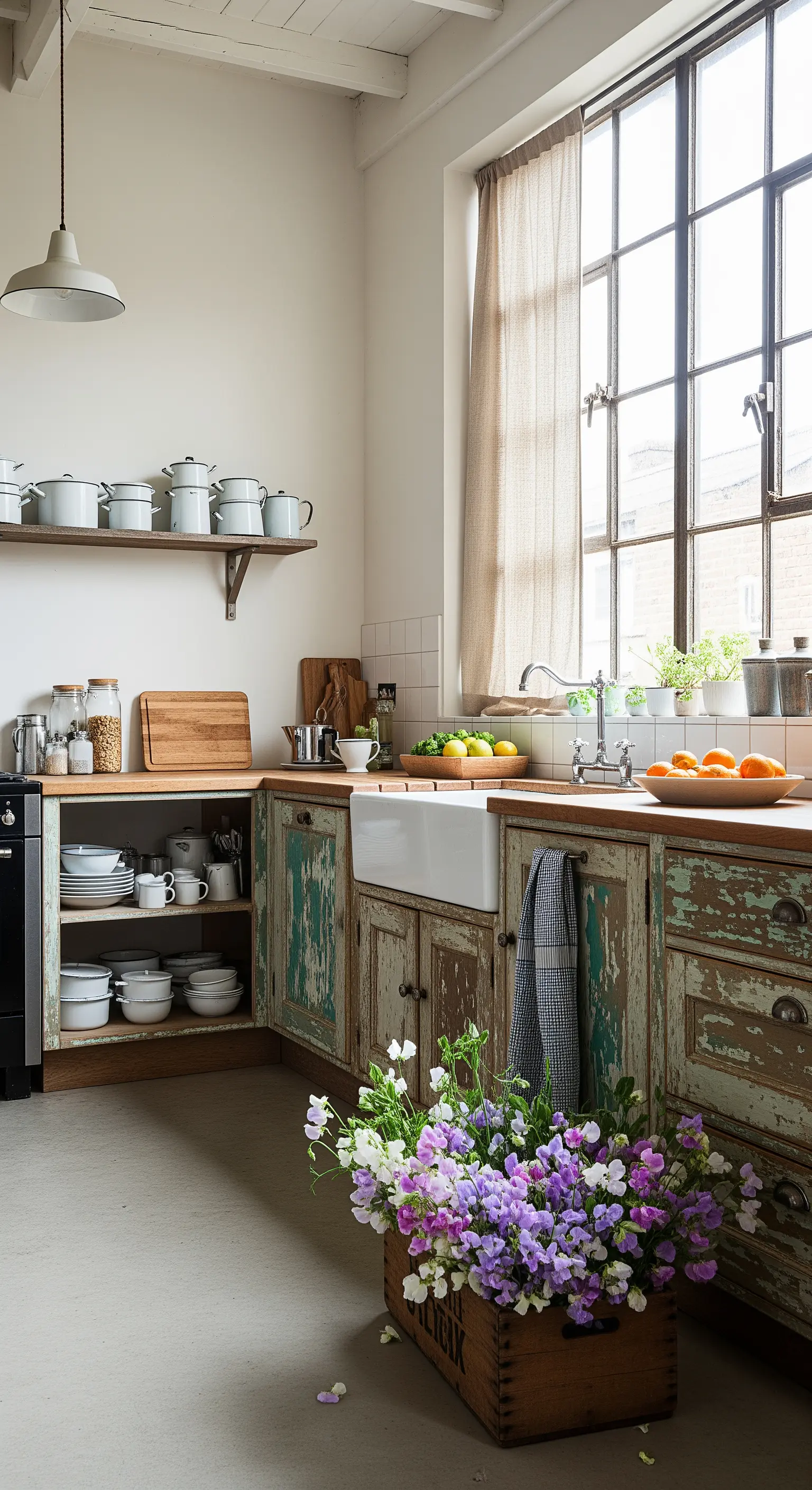 Mobili da cucina con vernice verde e bianca pesantemente scrostata.
