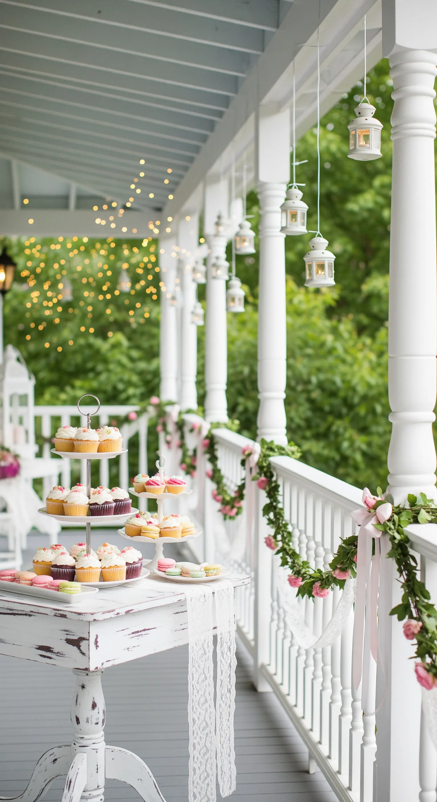 Portico allestito per una festa con alzata per cupcake, pizzi e piccole lanterne bianche appese.