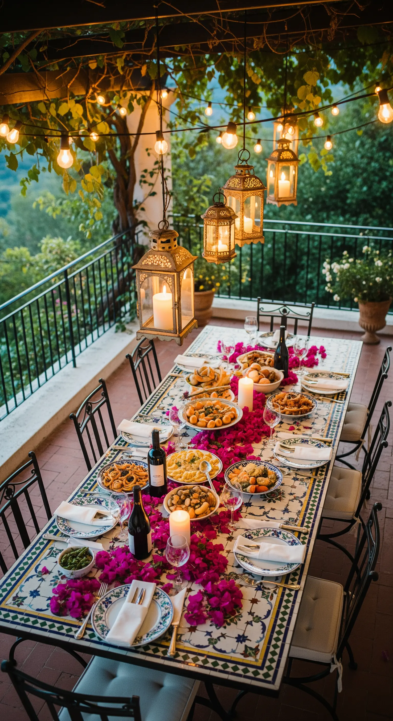 Tavola imbandita per una cena all'aperto, decorata con fiori di bouganville e lanterne sospese